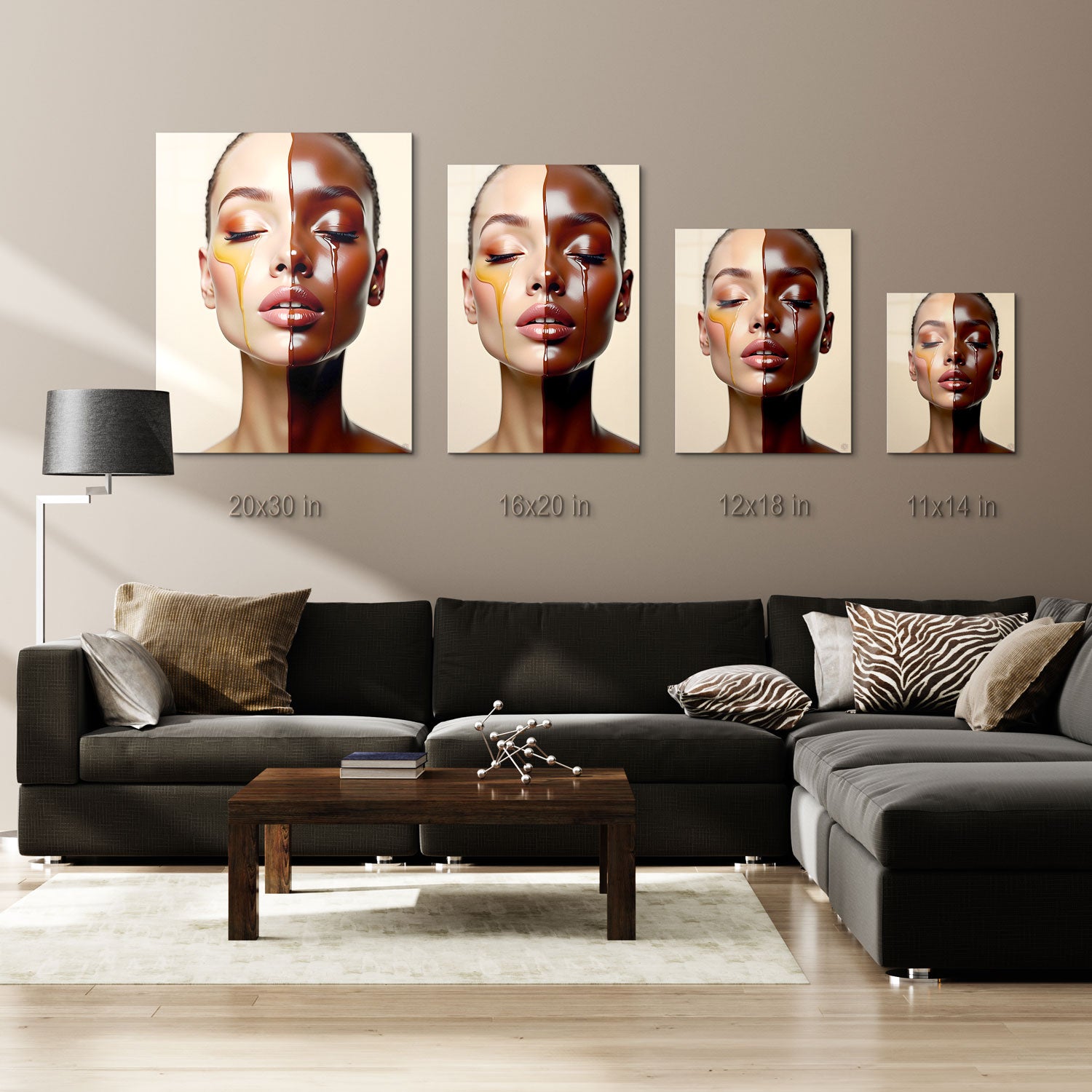 s between the warm, natural shades emphasize unity, while the closed eyes of the subject suggest a peaceful acceptance of both individuality and interconnectedness. This artwork speaks to the fluid nature of beauty and identity, encouraging viewers to embrace the harmony found in diversity and the seamless blending of differences.