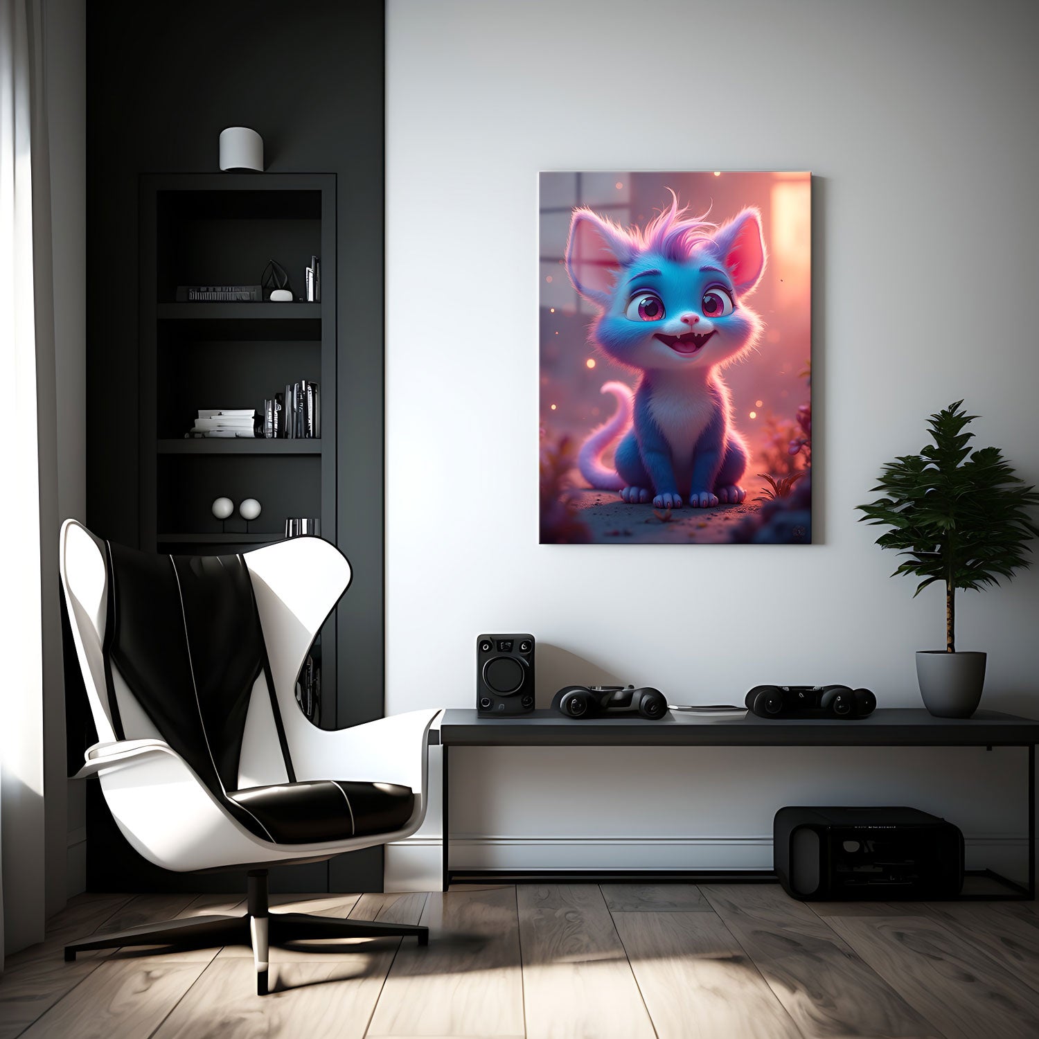 The glowing, ambient light surrounding the scene adds a sense of warmth and adventure, as if this little creature is welcoming you into a dreamlike world.
