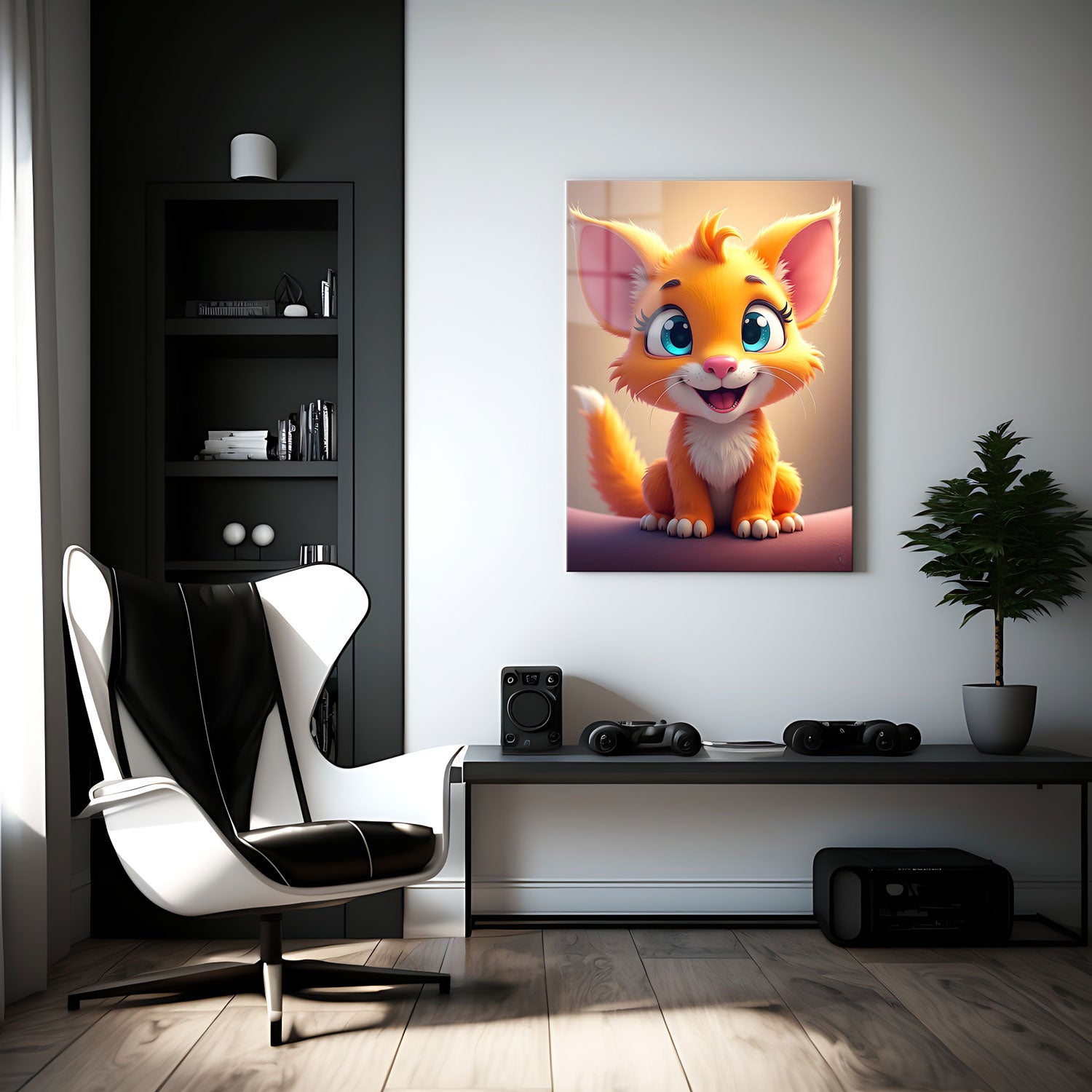 Her peach-colored fur glows in the soft light, making her the embodiment of warmth and happiness.