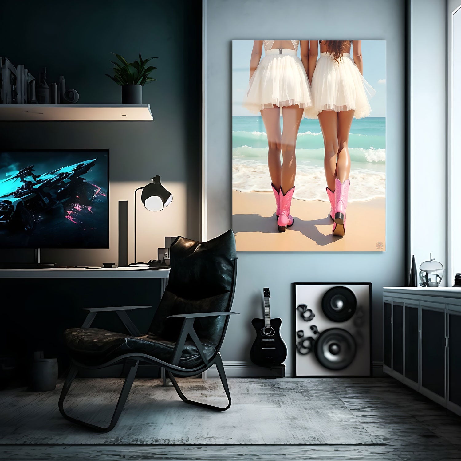 Two sun-kissed figures stand at the water's edge, their delicate white skirts fluttering in the breeze.