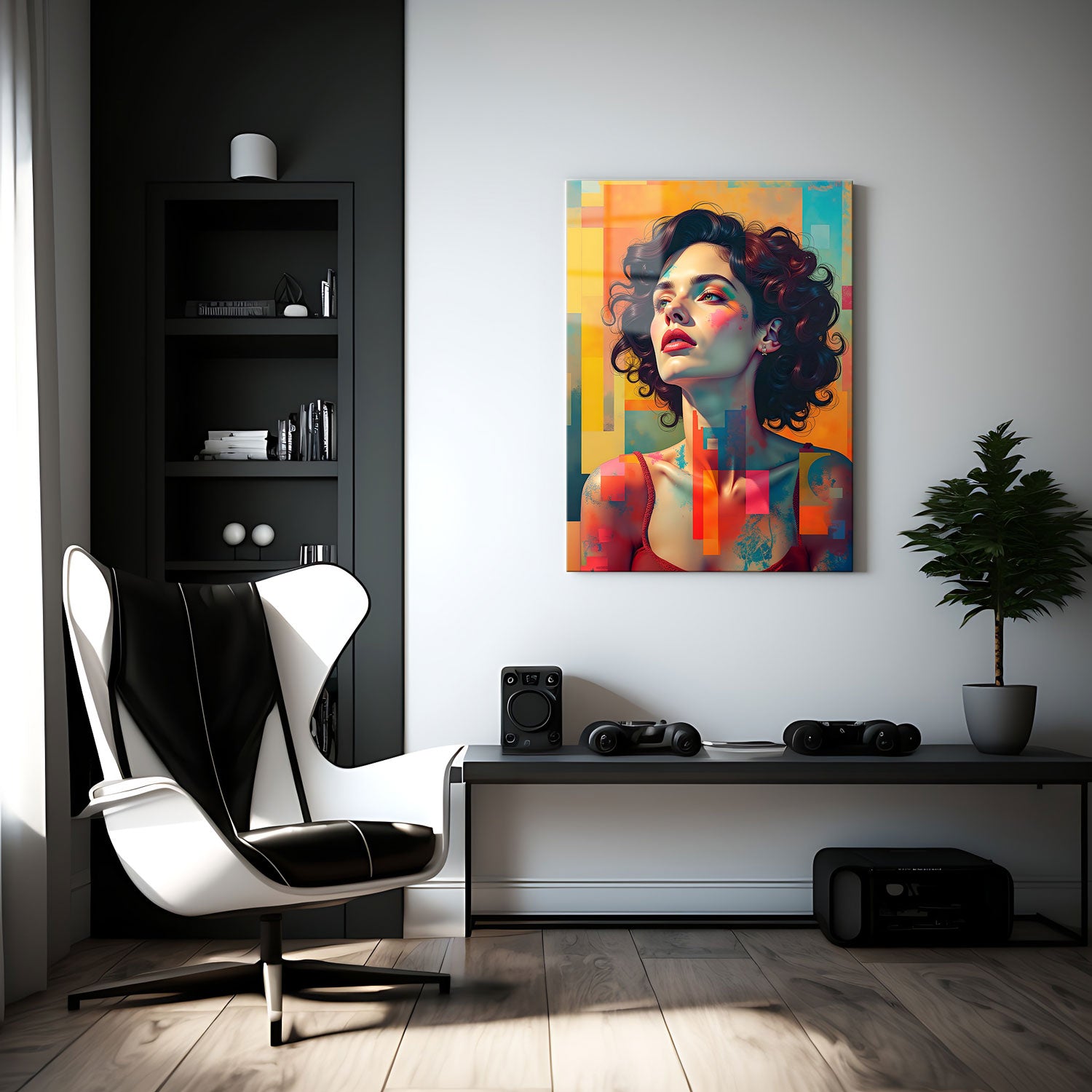 CRUART | Her confident gaze and striking red lips are enhanced by abstract strokes of color that flow across her skin, merging the human form with modern artistry.