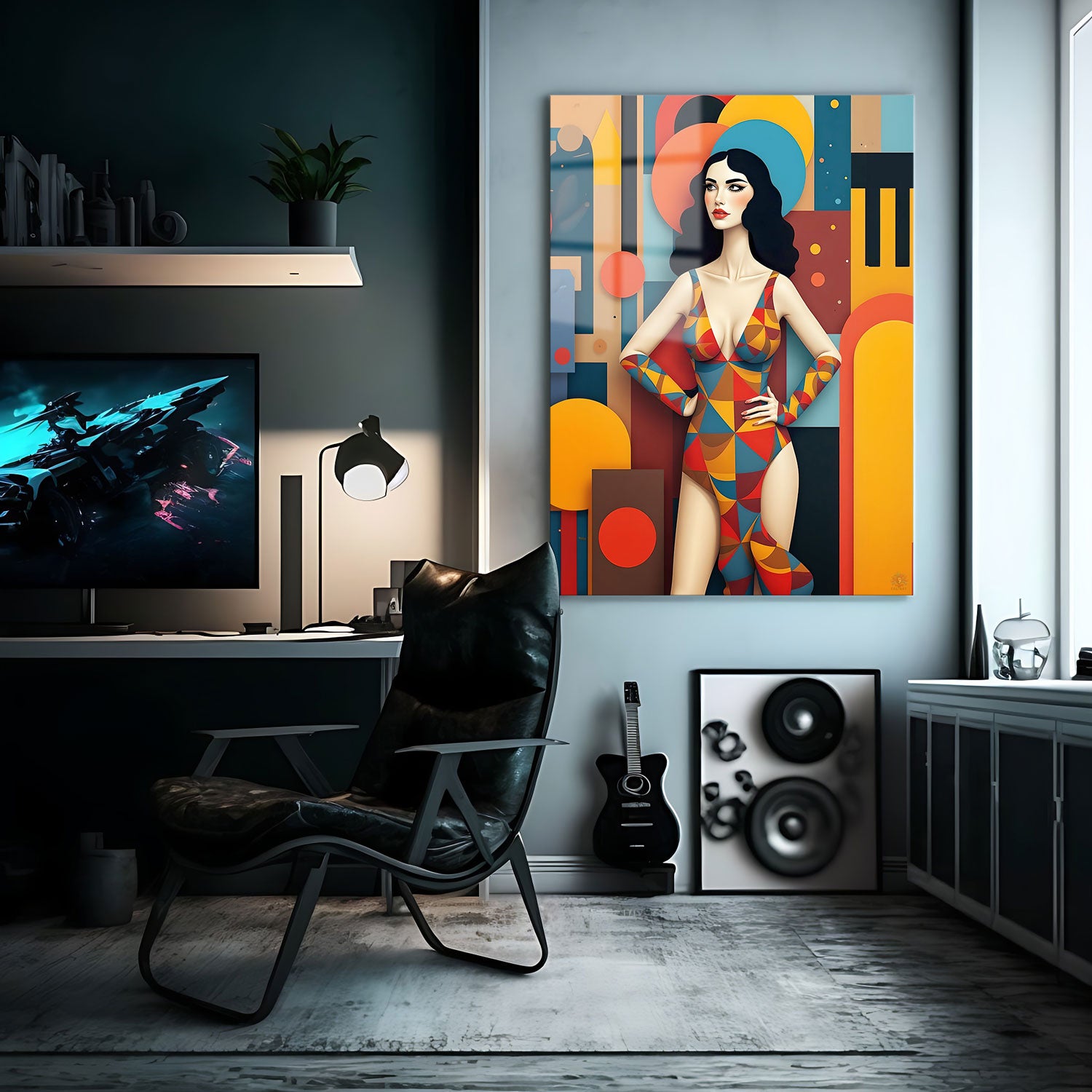 The figure, poised and confident, is draped in a vivid, multi-colored outfit made up of intersecting geometric shapes.