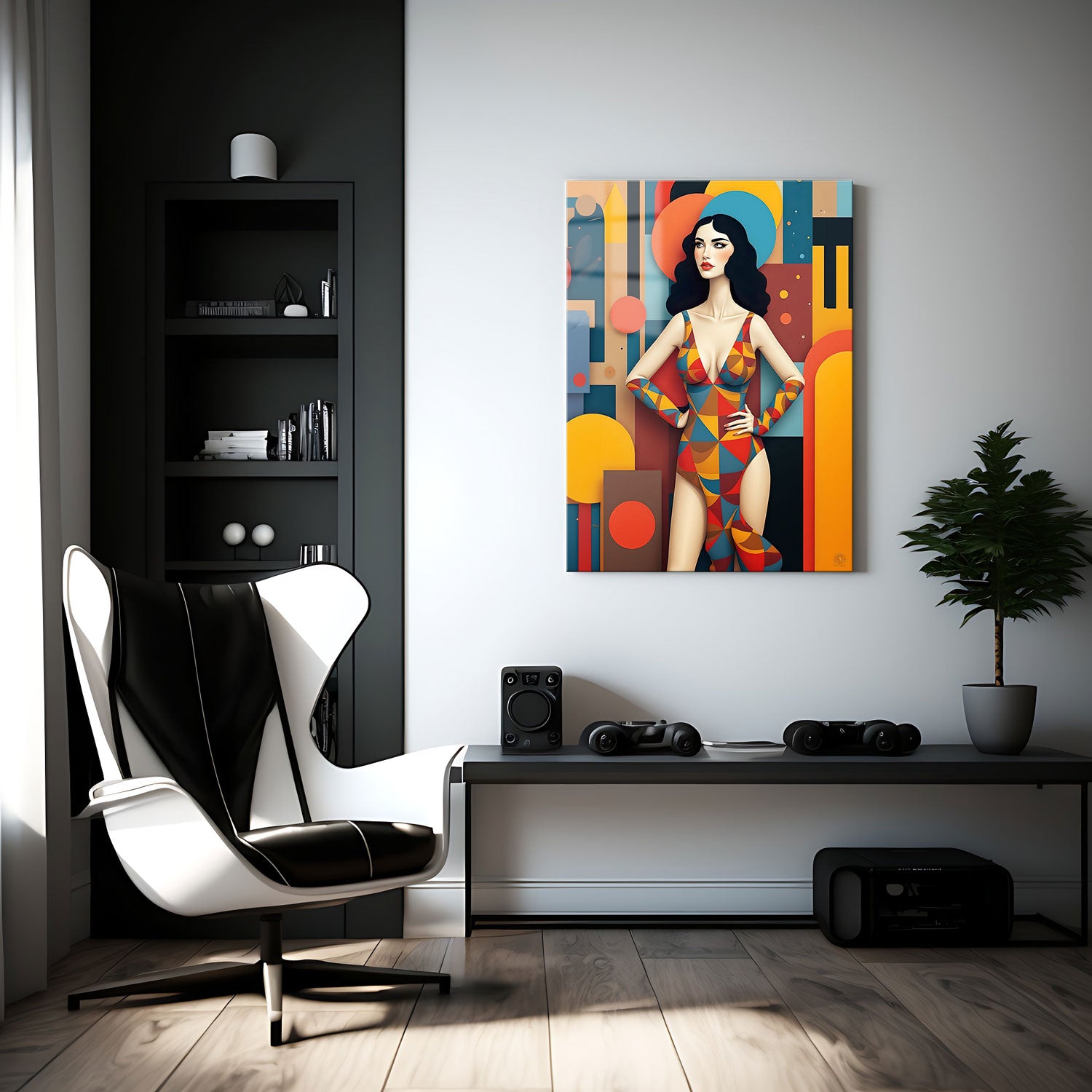 The interplay of circles, triangles, and rectangles in warm oranges, reds, and blues reflects a sense of modernism with a retro flair. Her dark hair and captivating gaze contrast against the vibrant background of abstract shapes, embodying both strength and elegance.