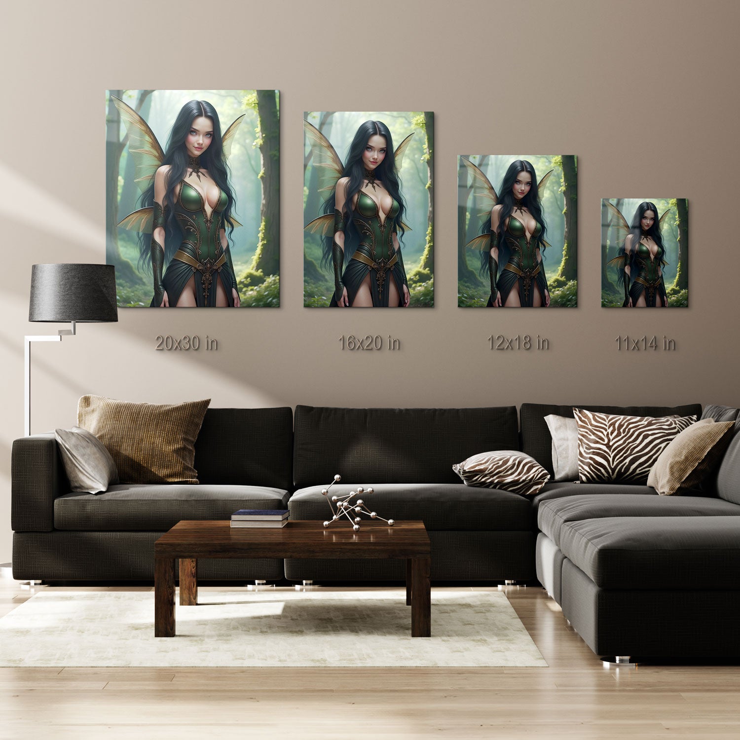 Dark, flowing hair cascades down her shoulders, framing her captivating gaze that holds a hint of ancient wisdom. This guardian fairy's presence is both alluring and formidable, a timeless figure whose connection to the forest is as enduring as the trees themselves.