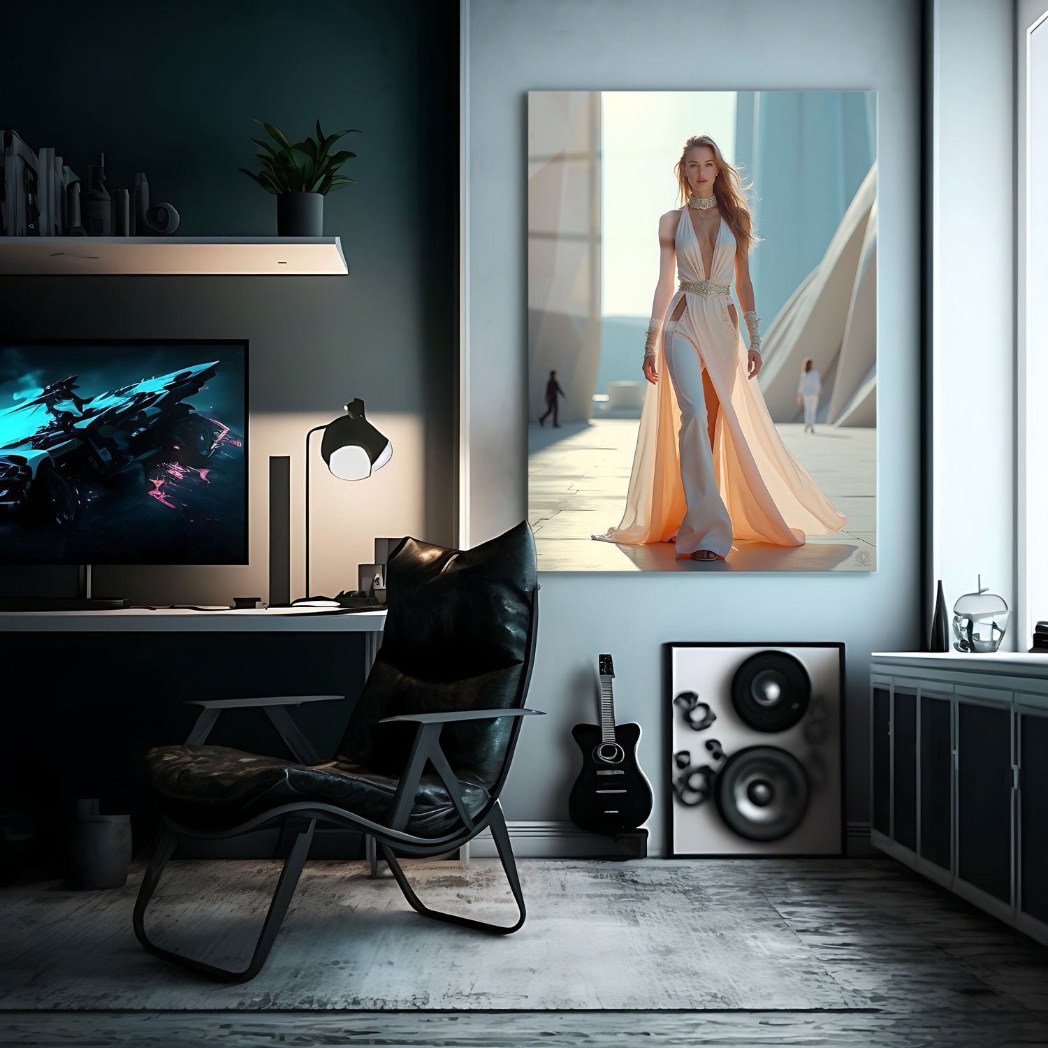 The design features a daring plunging neckline paired with structured pants, combining classic femininity with a contemporary edge.