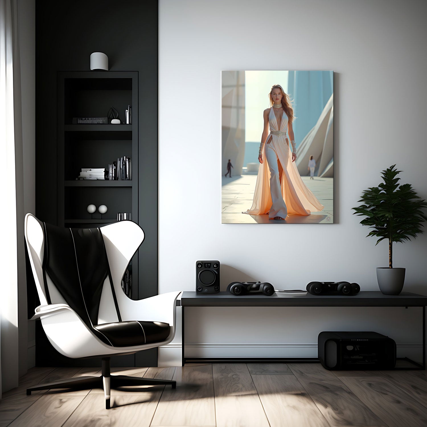 Embellished with intricate gold accents around the waist and arms, the look embodies opulence and confidence, perfect for a bold entrance at any upscale event.