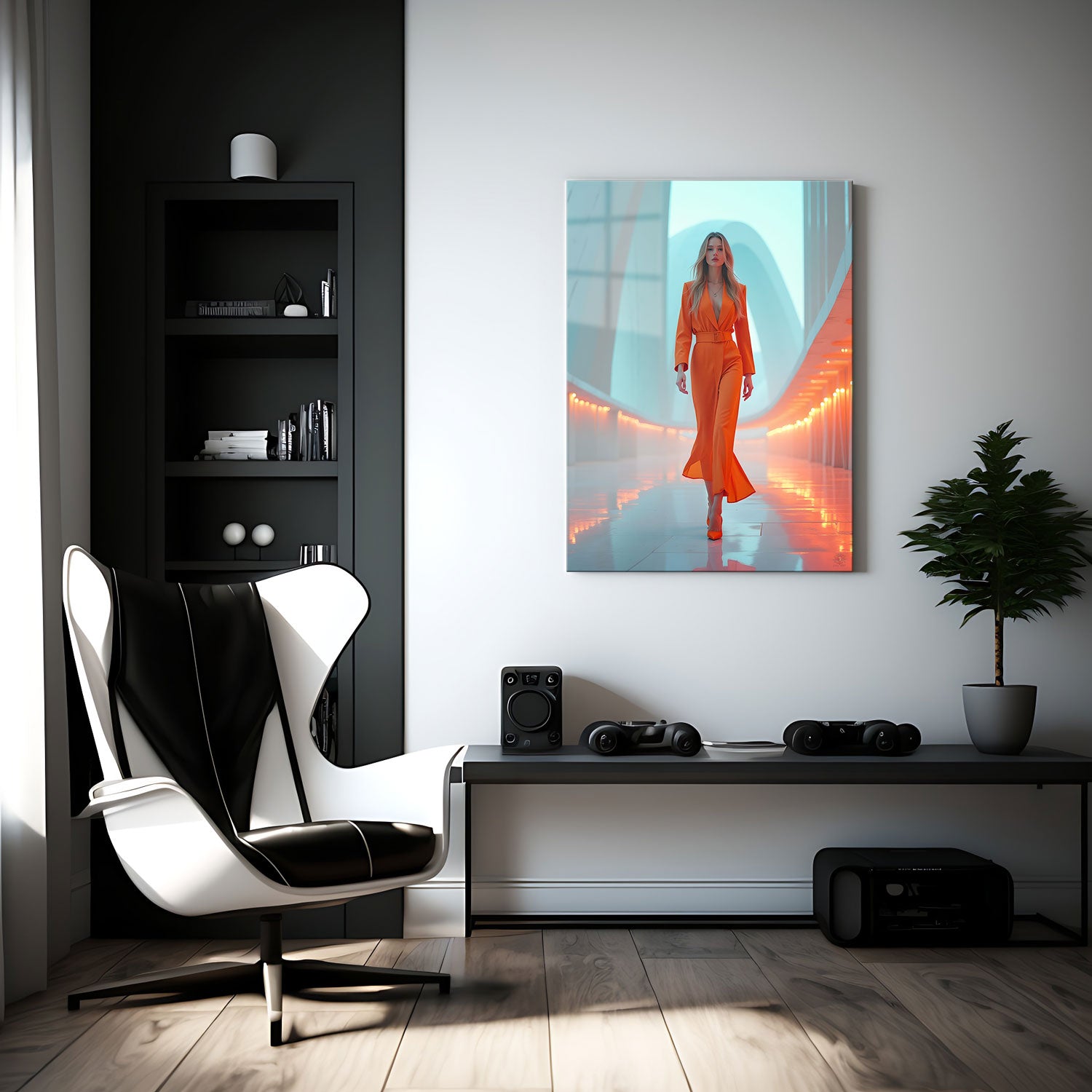 The vibrant orange hue contrasts strikingly with the cool, minimalistic background of futuristic architecture, creating a visual dialogue between warmth and modernity.