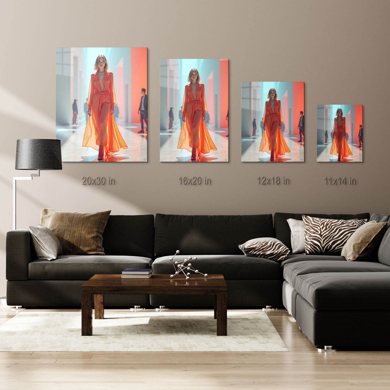 The vibrant orange hue complements the minimalist, futuristic background, further highlighting the look's contemporary flair.
