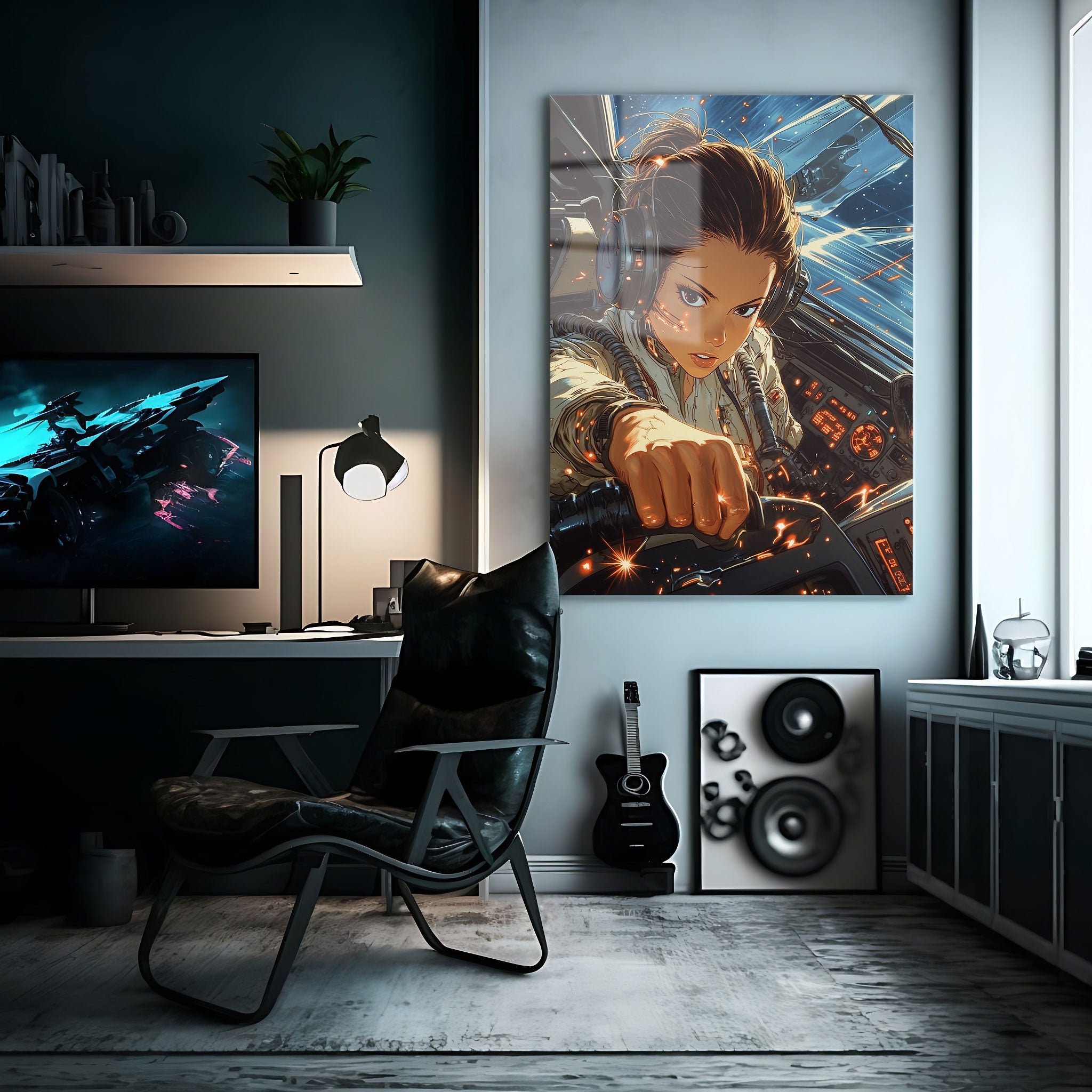 Her intense gaze, framed by the glow of scattered sparks and neon-lit control panels, tells a story of resilience and focus in the face of cosmic battles.