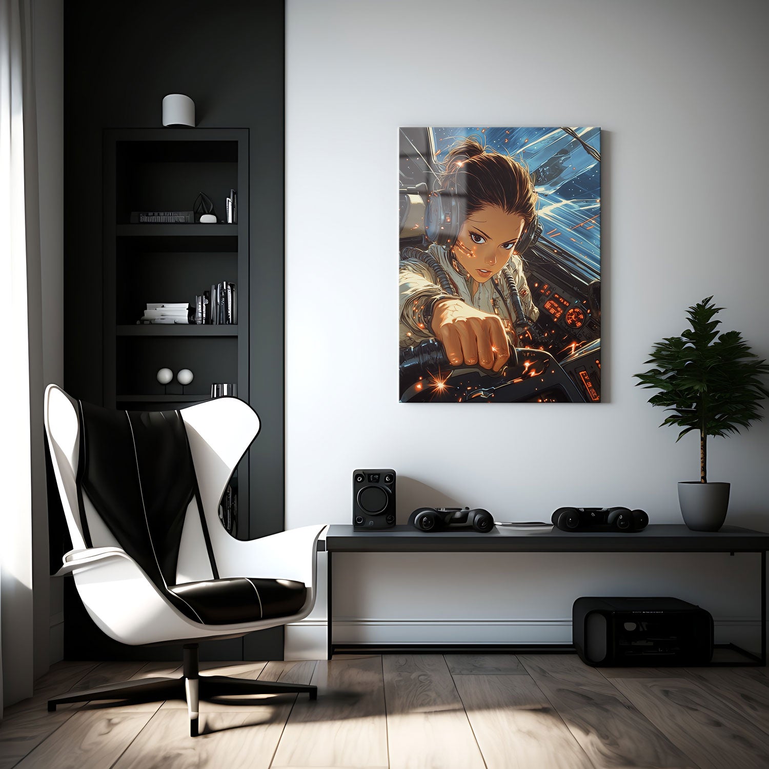 Her battle-worn uniform and headset add layers of experience to her character, as she pushes forward into the unknown, the vastness of space stretching endlessly around her.