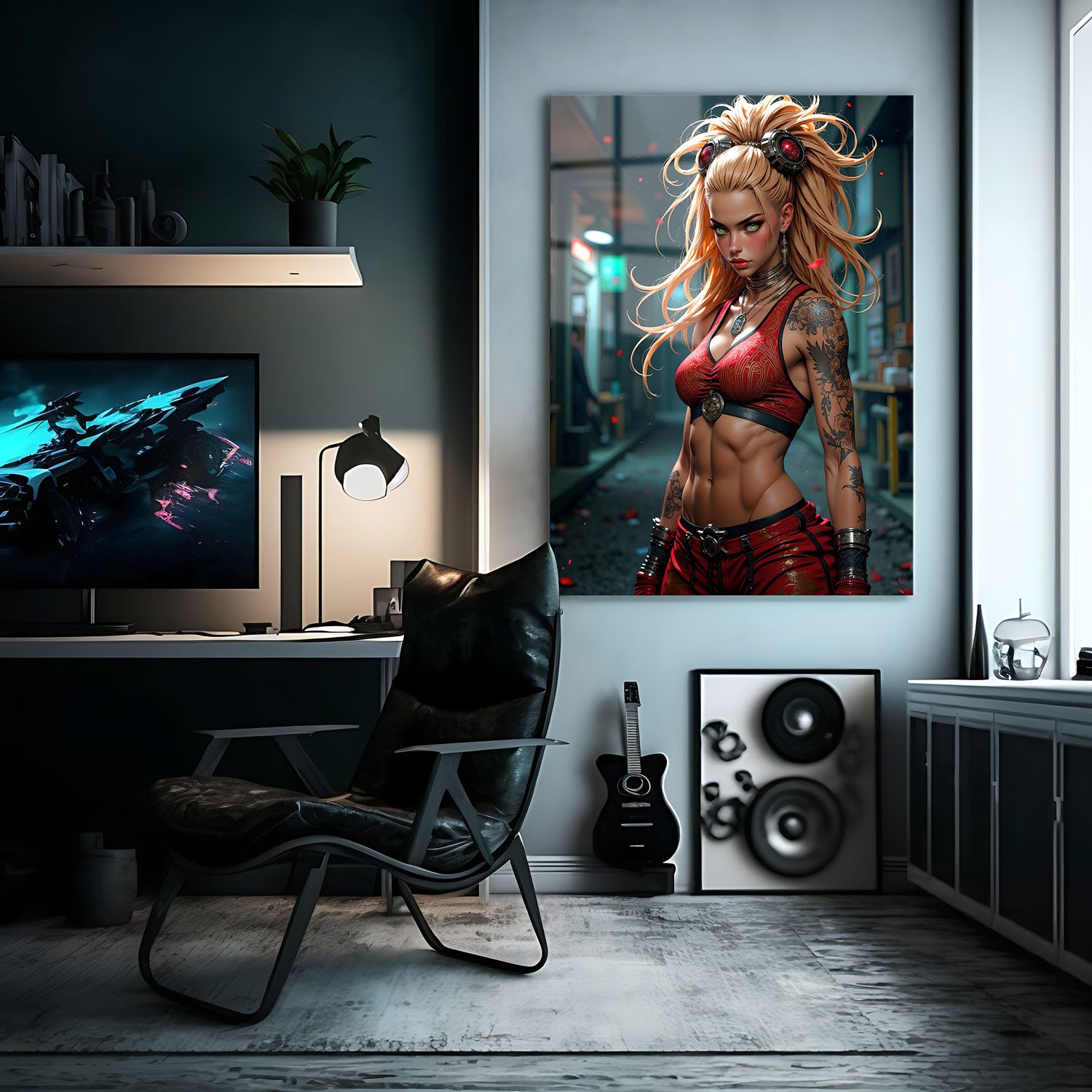 Her flowing hair is tied into a high ponytail adorned with high-tech accessories, adding a futuristic twist to her street-ready look.