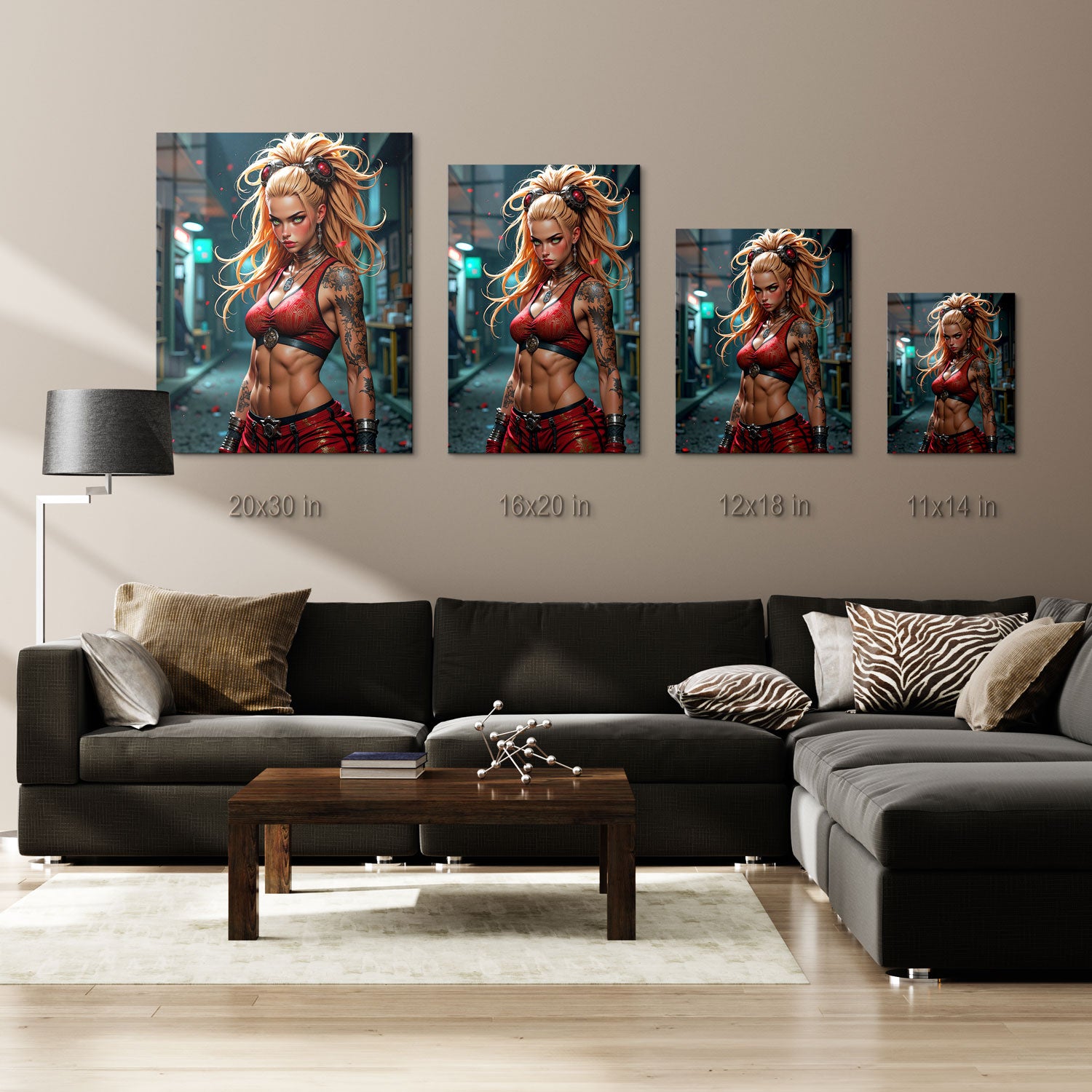 Standing in a dark alleyway, her piercing green eyes shine with a sense of purpose, while the vivid crimson petals float around her, creating a striking contrast against the gritty urban background. She is a fierce protector, embodying both beauty and power in a world where survival depends on strength and courage.