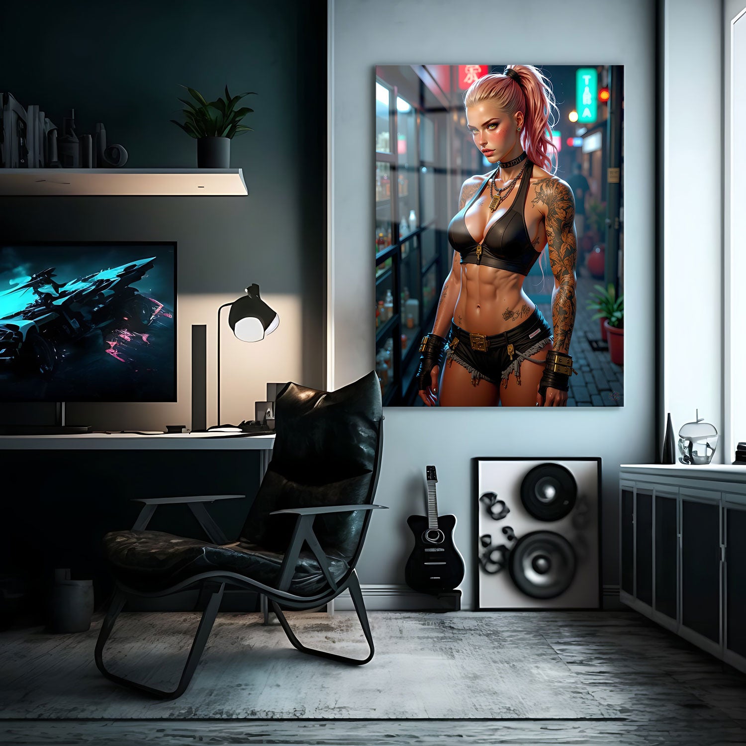 Her chiseled physique, adorned with intricate tattoos and gold-plated accessories, reflects both power and style.