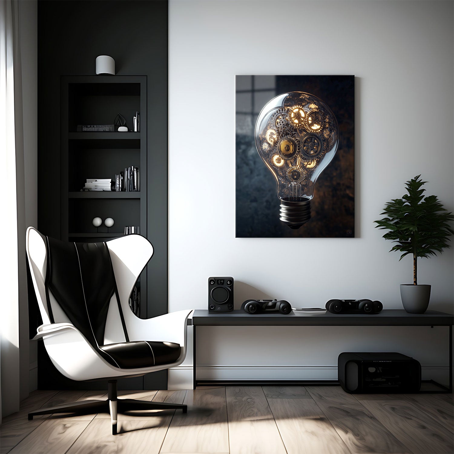 The transparent glass contrasts beautifully against the dark, moody background, emphasizing the delicate balance between inspiration and engineering.