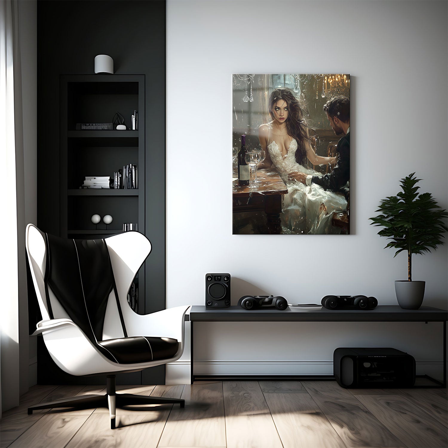 The scene is filled with tension, as the remnants of a shattered night linger in the air. Wine glasses and a bottle on the table speak to an evening that has unraveled into an emotional storm.