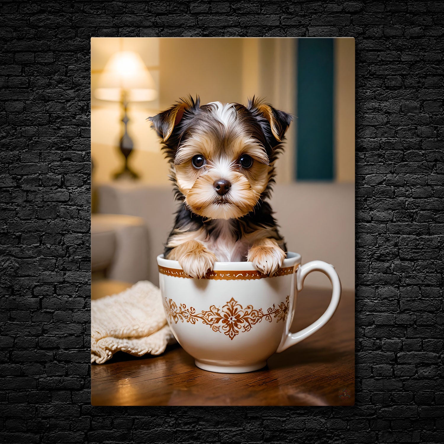 A tiny Yorkie puppy peeks out from the rim of an elegant teacup, its fluffy fur and wide, innocent eyes adding to the irresistible charm of the scene.