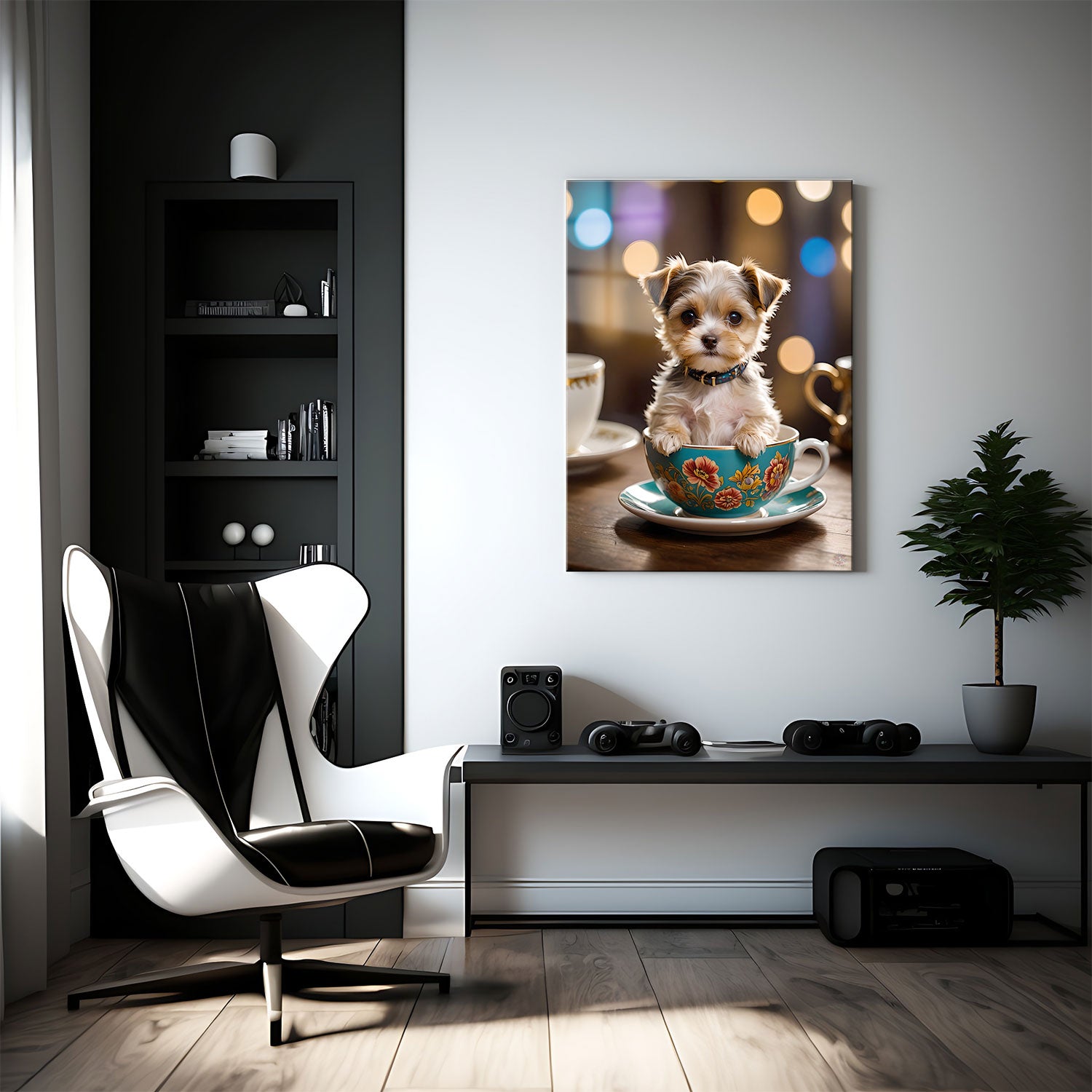 The playful background, filled with warm bokeh lights, adds a touch of magic and whimsy to the scene. The puppy, wearing a small collar, looks ready for a charming tea party, making "Teatime Delight" a perfect blend of elegance and cuteness.