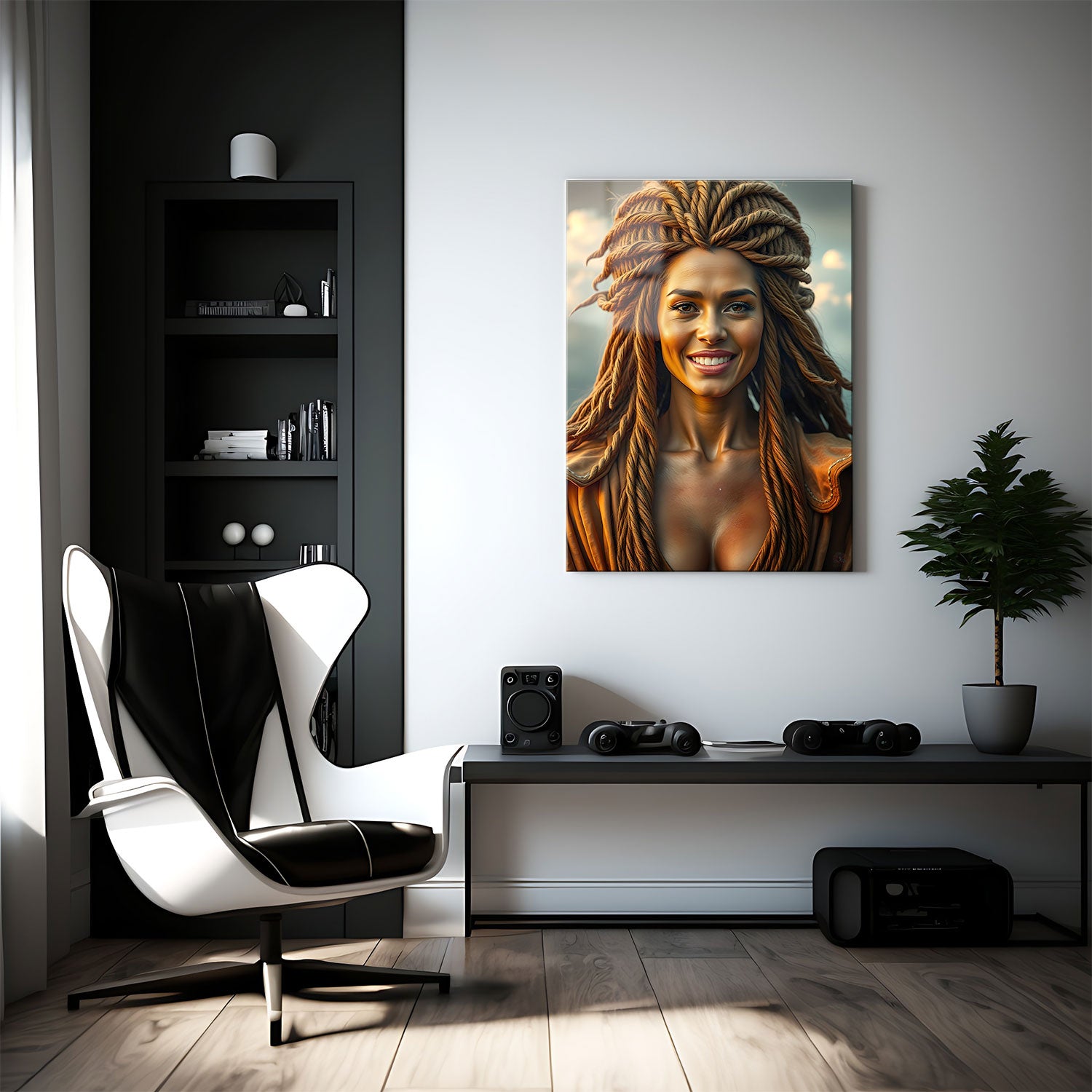 Dressed in flowing, earth-toned fabrics, she appears as a natural force, both grounded and full of vitality.