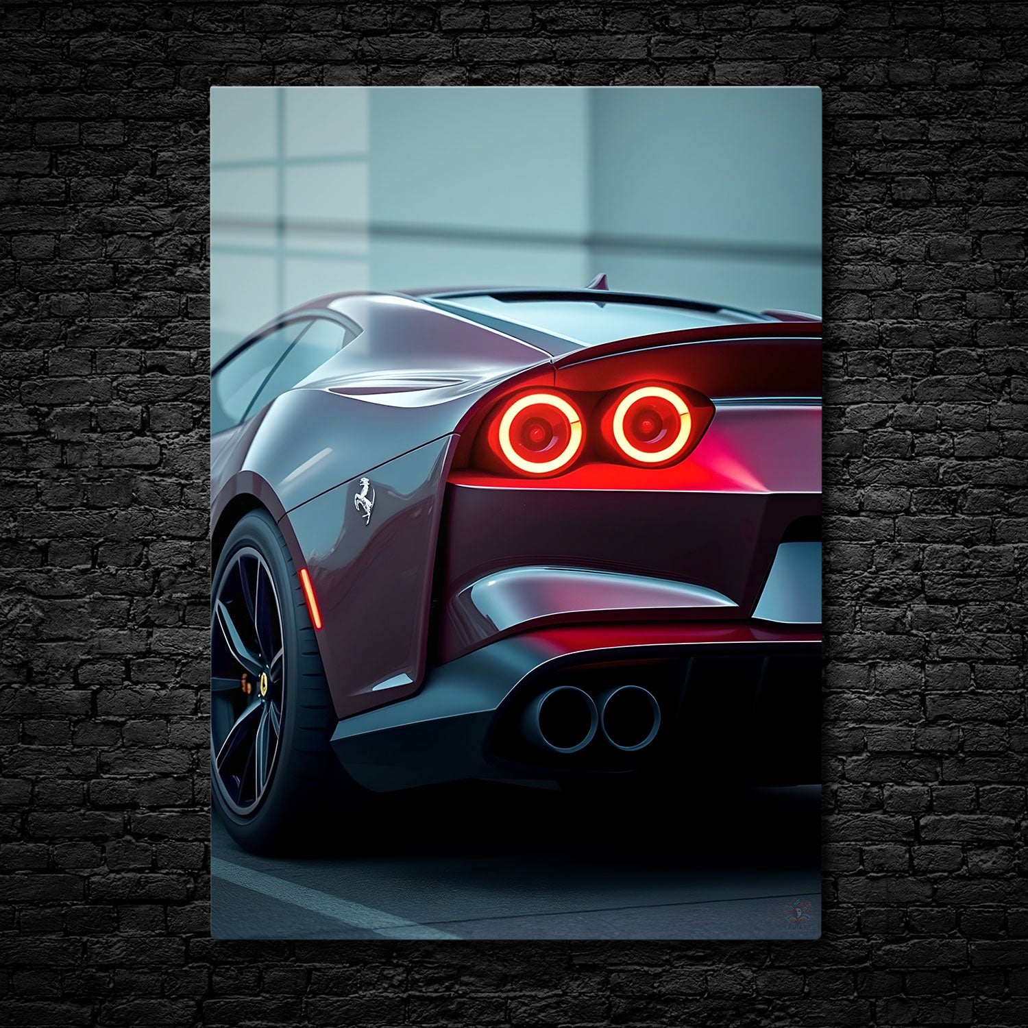 This stunning rear view of a sleek, crimson sports car radiates power and elegance, with its dual glowing taillights piercing through the soft, ambient lighting.