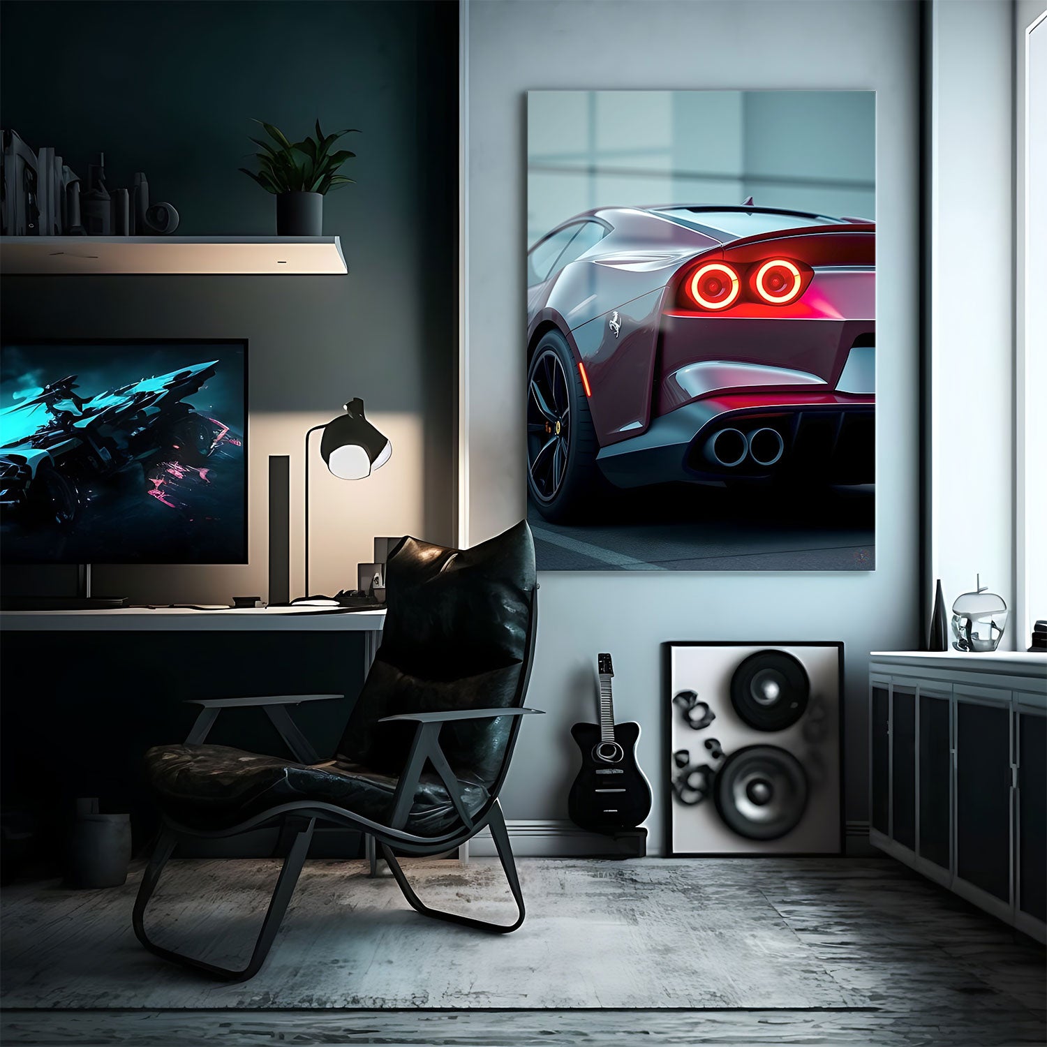 The car's bold design, marked by its aerodynamic curves and powerful stance, reflects the essence of speed and luxury.