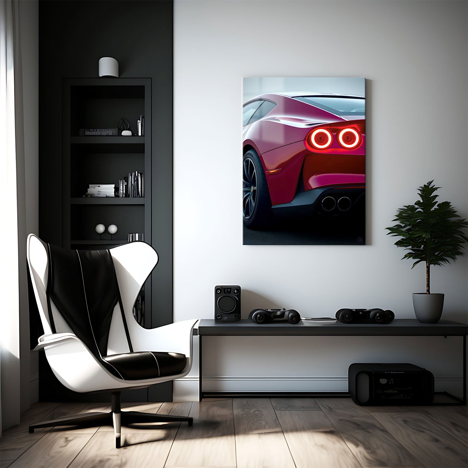 This bold rear view of a crimson sports car exudes pure performance and sophistication.