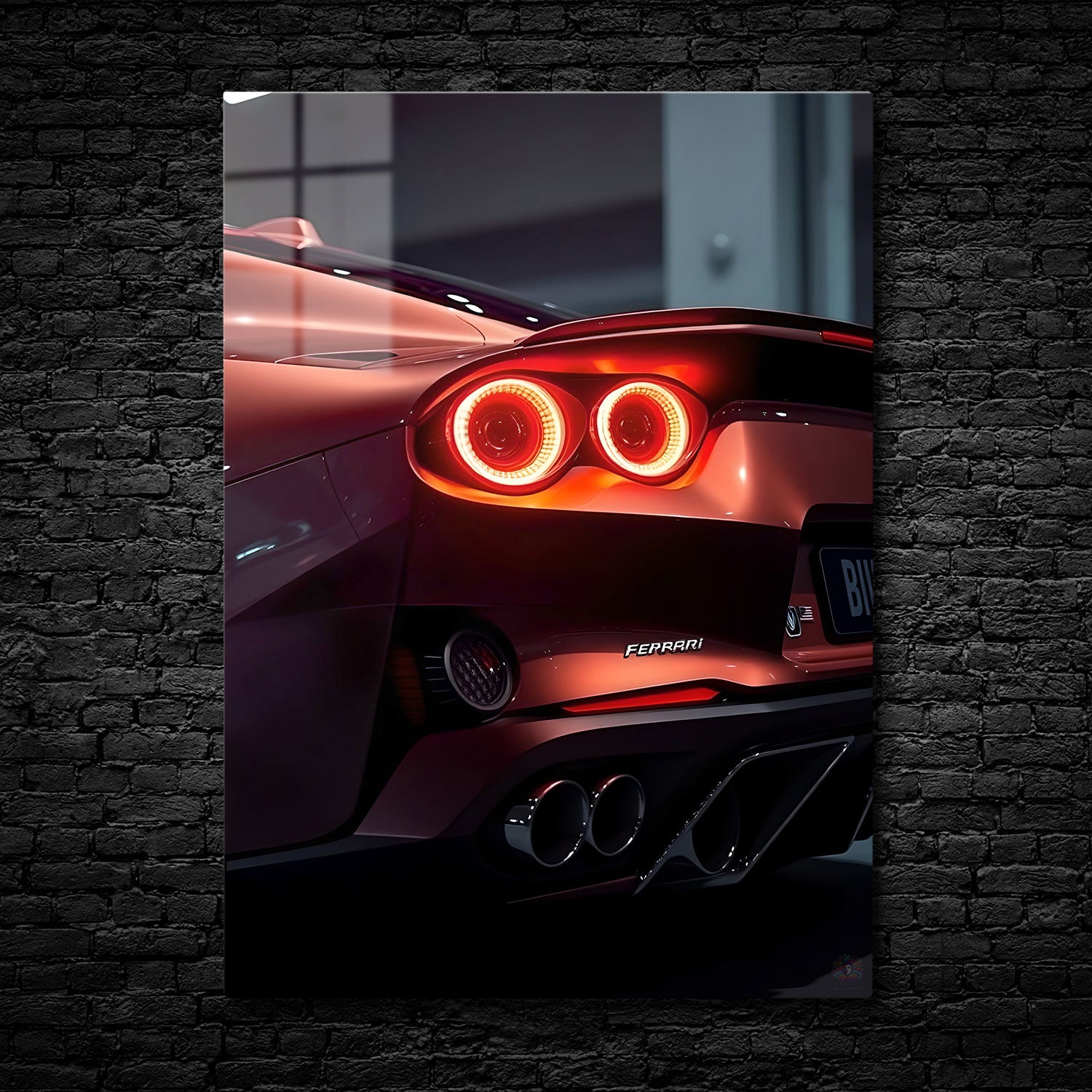 Illuminated by the soft glow of a sleek garage, this captivating view of a Ferrari showcases its bold, reflective body in a deep crimson hue.