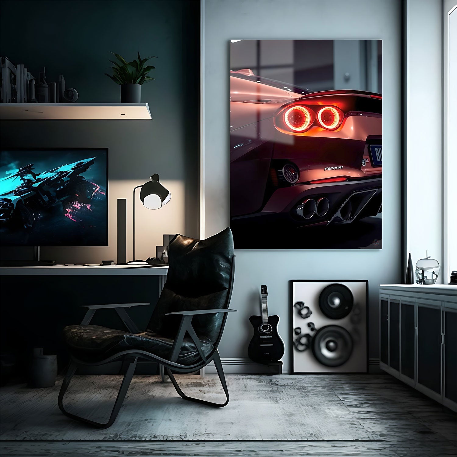 Illuminated by the soft glow of a sleek garage, this captivating view of a Ferrari showcases its bold, reflective body in a deep crimson hue.