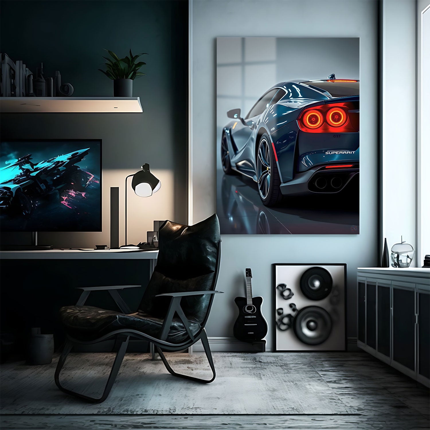 This striking image captures the rear view of a stunning midnight-blue supercar, its sleek body reflecting the cool lights of its environment. The twin glowing red taillights radiate with intensity, hinting at the car’s readiness to unleash its immense power.