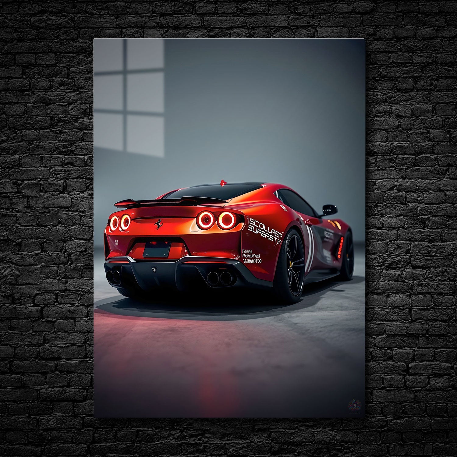 A fiery red supercar sits poised for action, its sleek body adorned with racing decals that hint at its competitive prowess. The glowing circular taillights burn like molten embers, illuminating the car’s aerodynamic rear design. The powerful stance, accentuated by wide tires and quad exhausts, promises blistering speed and precision handling. The dynamic curves and race-inspired details suggest that this car is built not only for luxury but for dominating the track. "Racing Inferno" embodies the thrill of