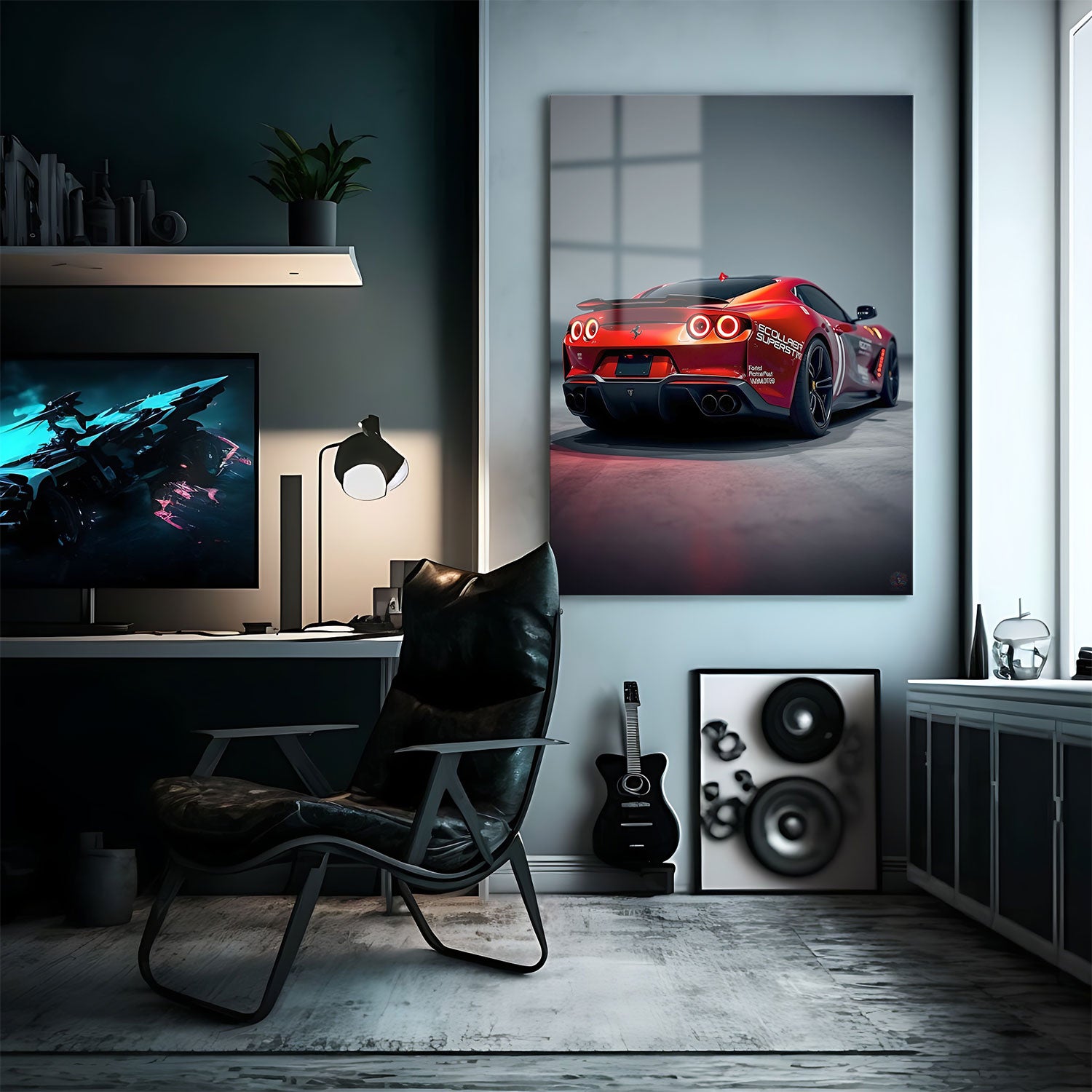 A fiery red supercar sits poised for action, its sleek body adorned with racing decals that hint at its competitive prowess. The glowing circular taillights burn like molten embers, illuminating the car’s aerodynamic rear design. The powerful stance, accentuated by wide tires and quad exhausts, promises blistering speed and precision handling. The dynamic curves and race-inspired details suggest that this car is built not only for luxury but for dominating the track. "Racing Inferno" embodies the thrill of