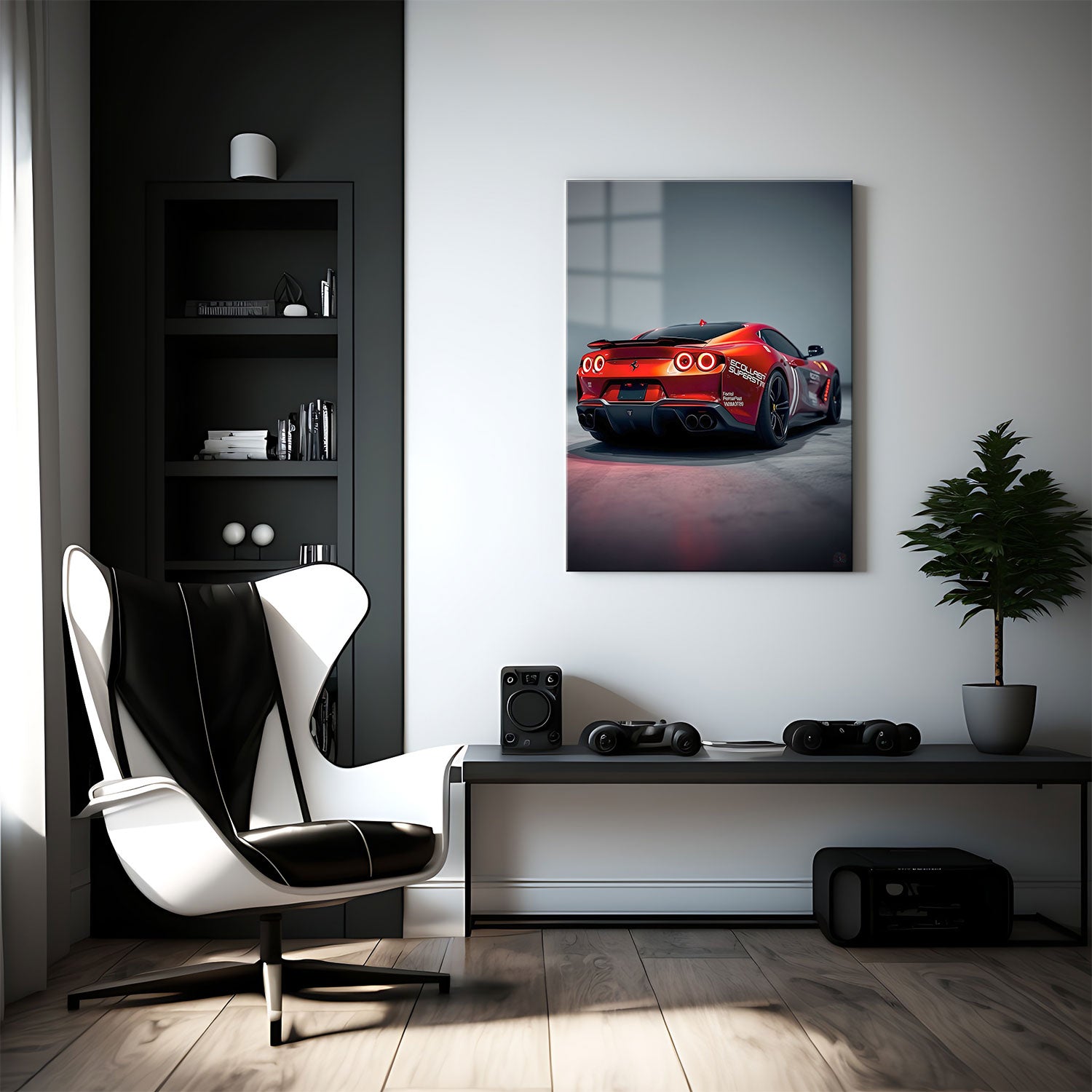 A fiery red supercar sits poised for action, its sleek body adorned with racing decals that hint at its competitive prowess. The glowing circular taillights burn like molten embers, illuminating the car’s aerodynamic rear design. The powerful stance, accentuated by wide tires and quad exhausts, promises blistering speed and precision handling. The dynamic curves and race-inspired details suggest that this car is built not only for luxury but for dominating the track. "Racing Inferno" embodies the thrill of