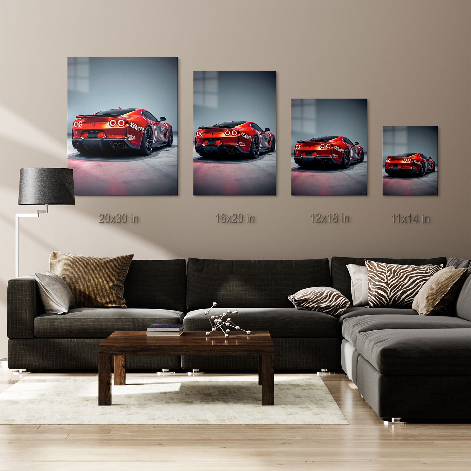 A fiery red supercar sits poised for action, its sleek body adorned with racing decals that hint at its competitive prowess. The glowing circular taillights burn like molten embers, illuminating the car’s aerodynamic rear design. The powerful stance, accentuated by wide tires and quad exhausts, promises blistering speed and precision handling. The dynamic curves and race-inspired details suggest that this car is built not only for luxury but for dominating the track. "Racing Inferno" embodies the thrill of