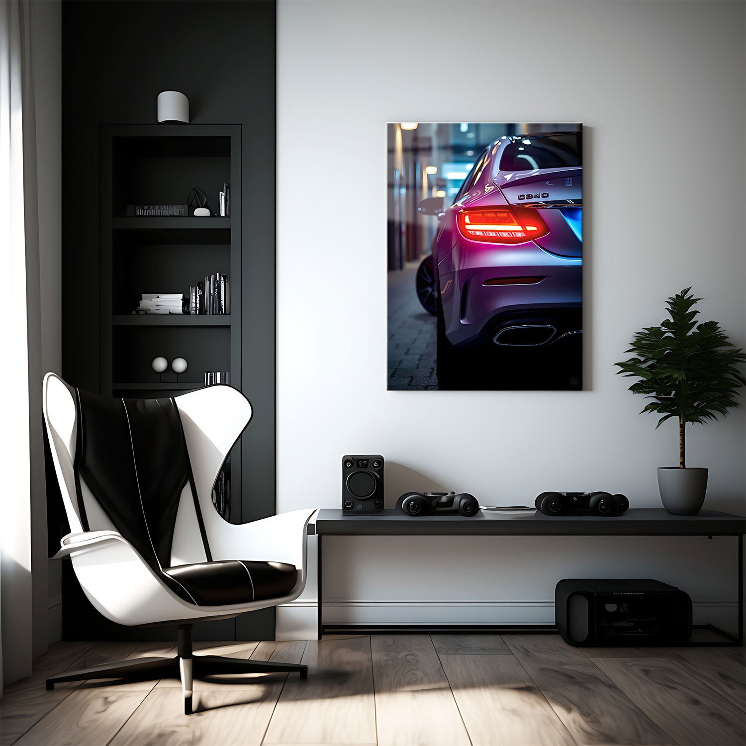 This sleek and sophisticated shot captures the rear view of a luxury sedan, bathed in the soft glow of city lights. The car’s glossy metallic finish reflects the surrounding urban environment, while its sharp LED taillights radiate in vivid red, adding a touch of modern refinement. The car’s elegant curves and polished chrome accents exude class, highlighting the perfect balance between power and elegance. Set against the backdrop of a dimly lit urban alleyway, "Urban Elegance" embodies the essence of refin