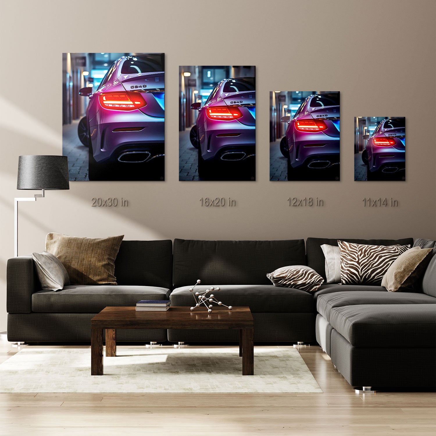 This sleek and sophisticated shot captures the rear view of a luxury sedan, bathed in the soft glow of city lights. The car’s glossy metallic finish reflects the surrounding urban environment, while its sharp LED taillights radiate in vivid red, adding a touch of modern refinement. The car’s elegant curves and polished chrome accents exude class, highlighting the perfect balance between power and elegance. Set against the backdrop of a dimly lit urban alleyway, "Urban Elegance" embodies the essence of refin