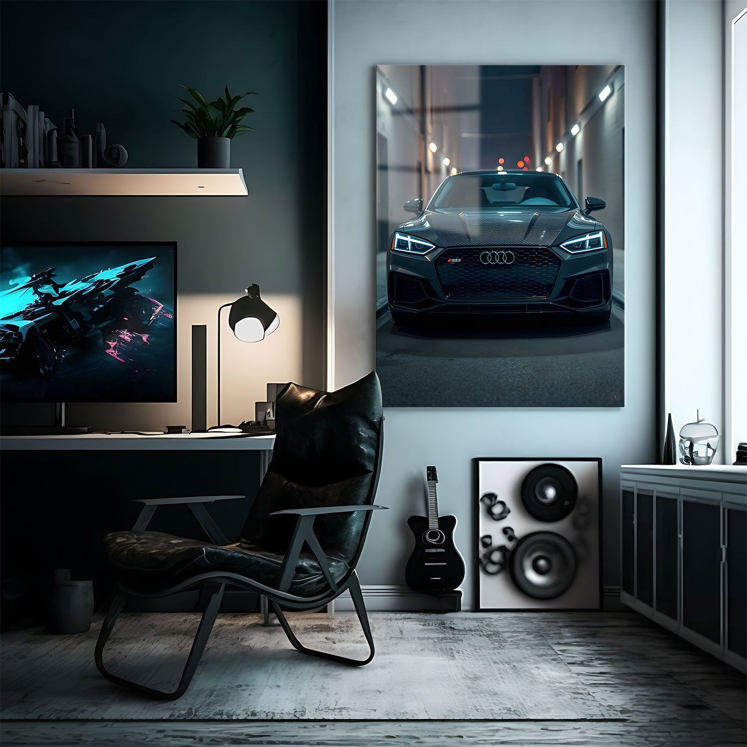 This powerful front view of a sleek Audi RS3 prowls the narrow streets of the city at night, its sharp LED headlights cutting through the shadows with precision. The car's muscular stance, highlighted by its black honeycomb grille and aggressive hood lines, radiates confidence and performance. The subtle reflections from the surrounding lights accentuate the sharp, angular design, creating a sense of stealth and power. "Urban Predator" captures the essence of a luxury sports car designed to dominate both th