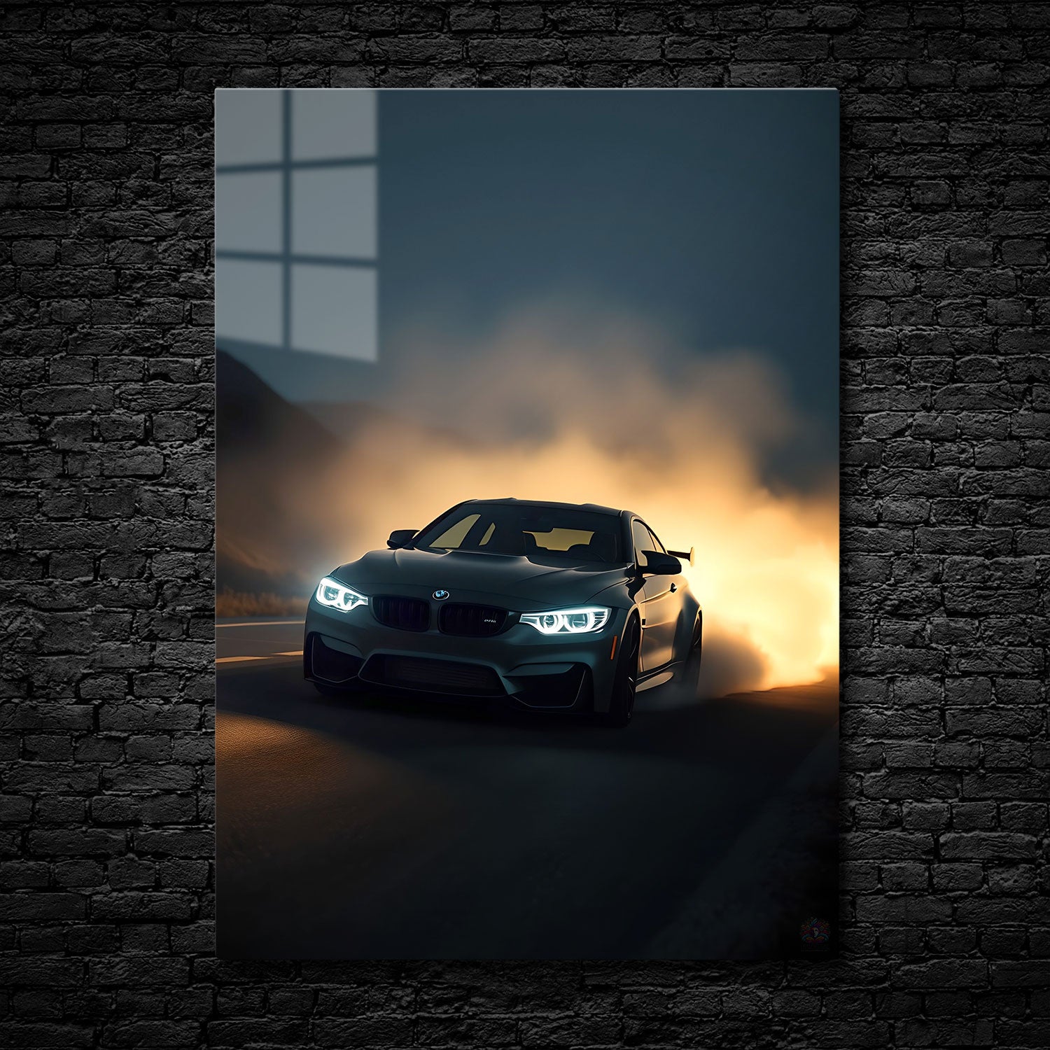In this electrifying scene, a BMW M4 powers through the night, leaving a trail of smoke and illuminated by the fiery glow of its own momentum. The car's sharp LED headlights pierce through the darkness, highlighting its aggressive stance and aerodynamic curves. As the wheels carve through the road, the thick cloud of dust and smoke creates a dramatic backdrop, suggesting speed, power, and precision. "Drift into Dawn" captures the thrill of high-performance driving, where every turn is a display of control a