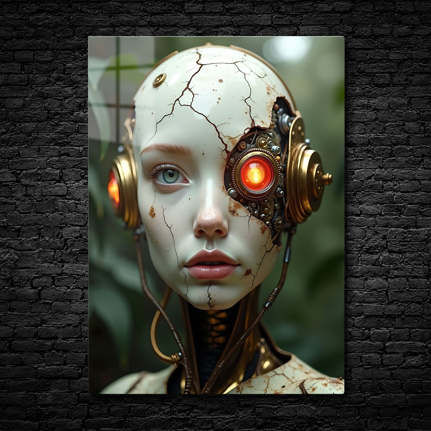 This haunting yet mesmerizing image captures a humanoid cyborg, its porcelain-like face cracked and weathered by time.