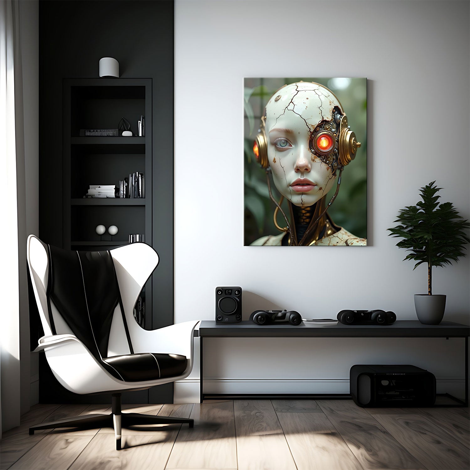 The fine details of brass and copper gears blend seamlessly with organic features, creating a striking fusion of humanity and technology.