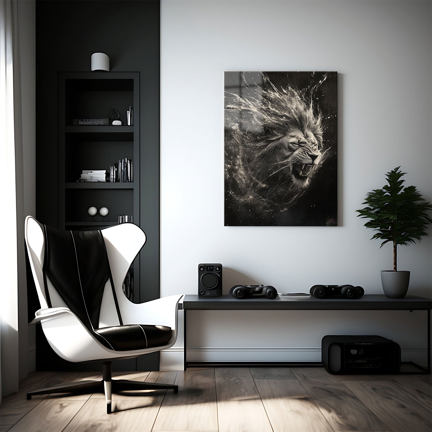 The fine details of the lion’s fierce expression and sharp teeth are juxtaposed with the abstract, swirling energy around it, creating a fusion of realism and abstraction.