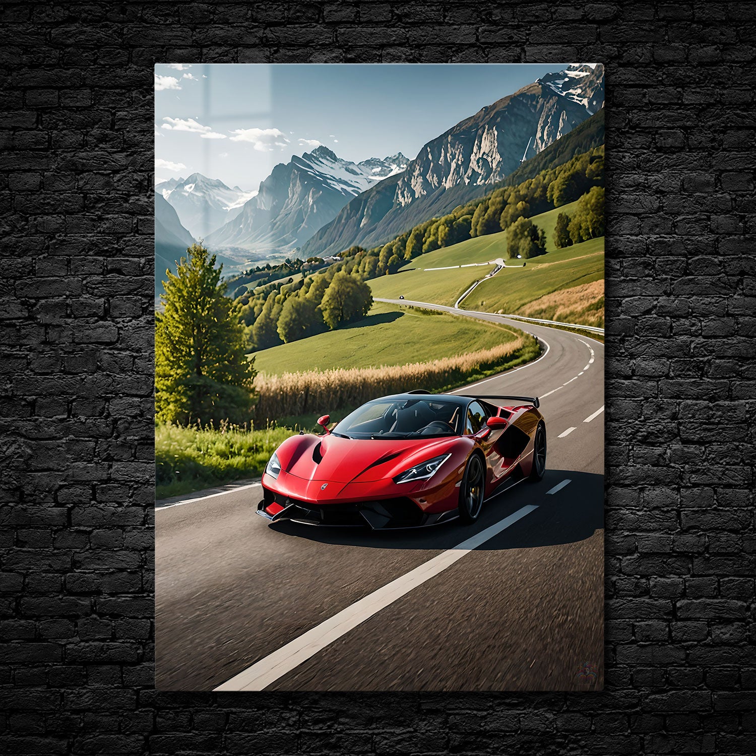 A red supercar driving along a curvy mountain road with snow-capped mountains and green hills in the background.