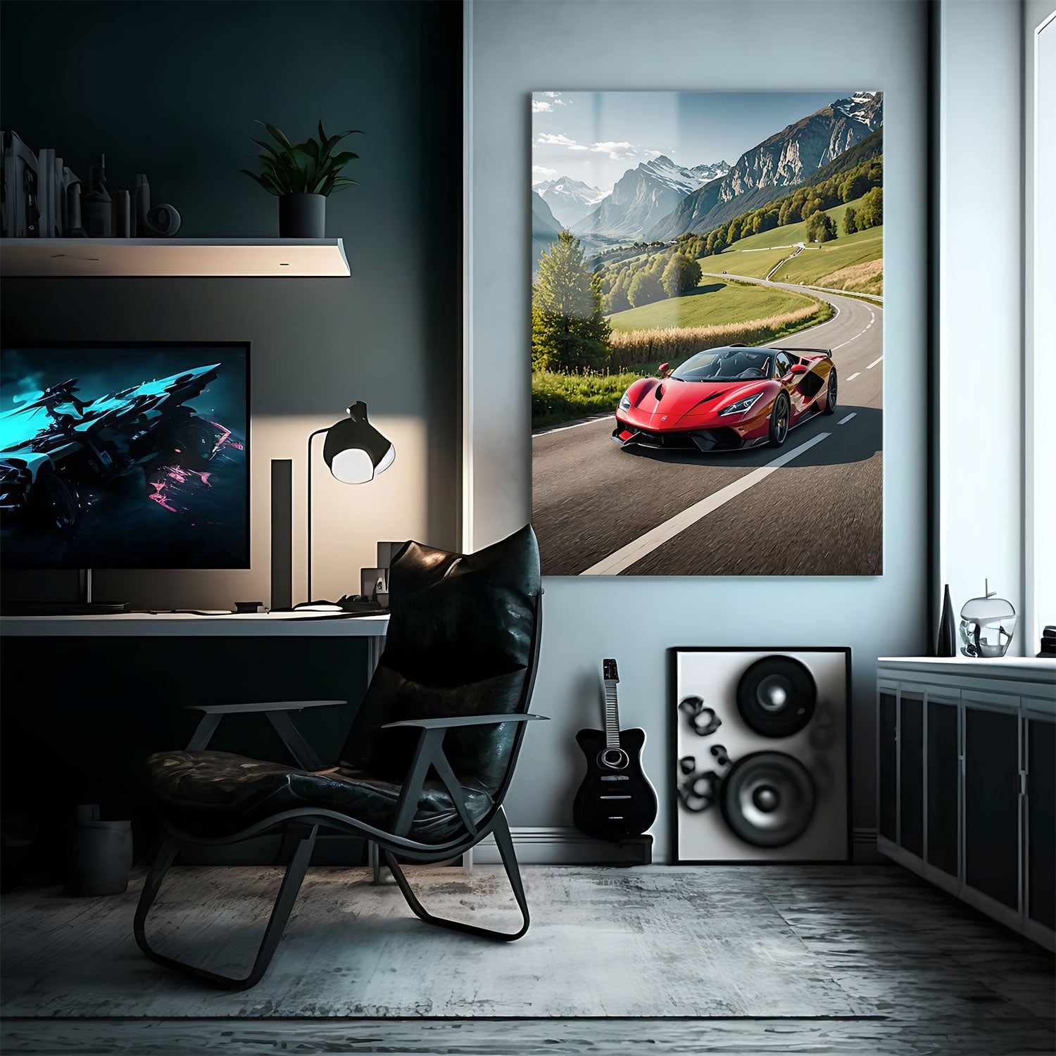 A luxurious red supercar in motion on a scenic alpine road, surrounded by towering mountains and lush greenery.