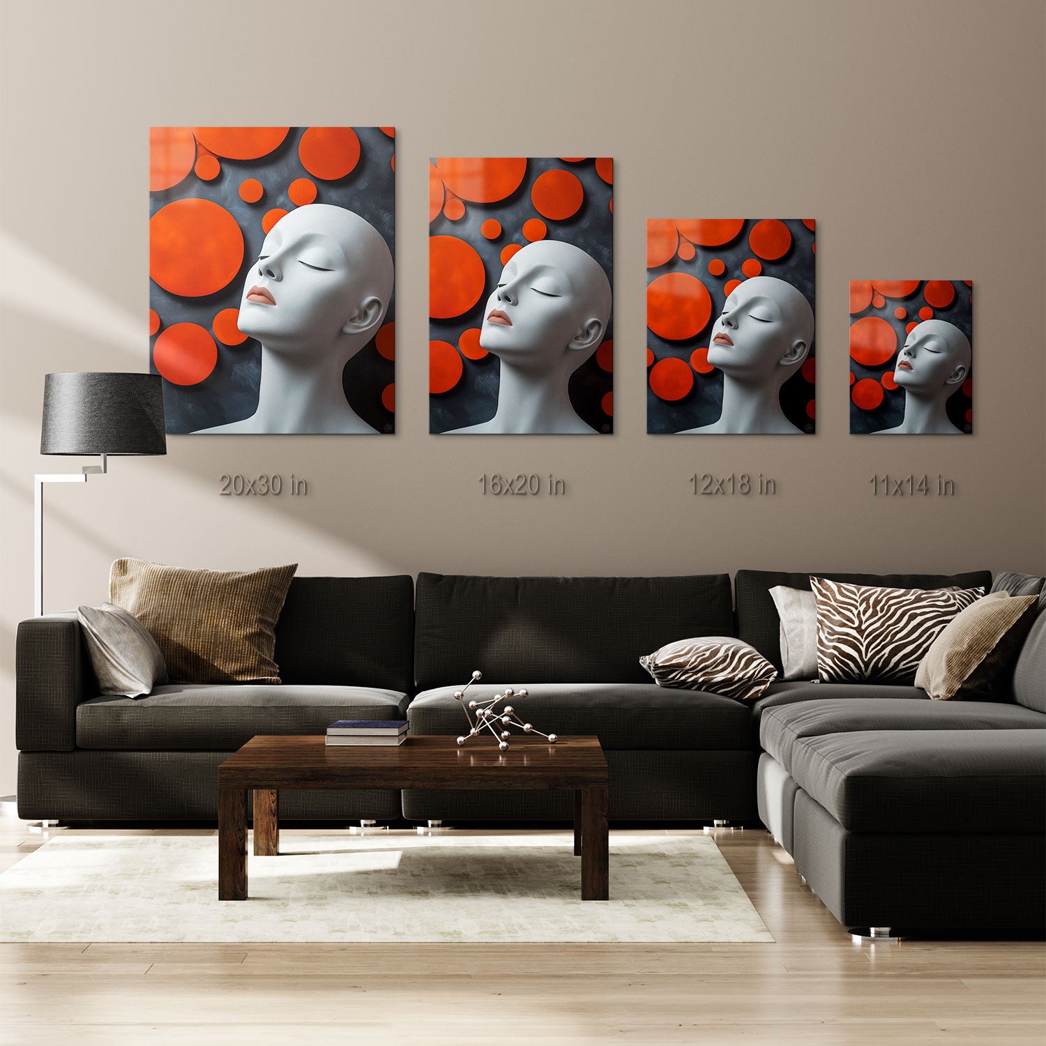 Peaceful, abstract artwork featuring a mannequin head and vibrant red circles in a modern, minimalist composition. | CRUART