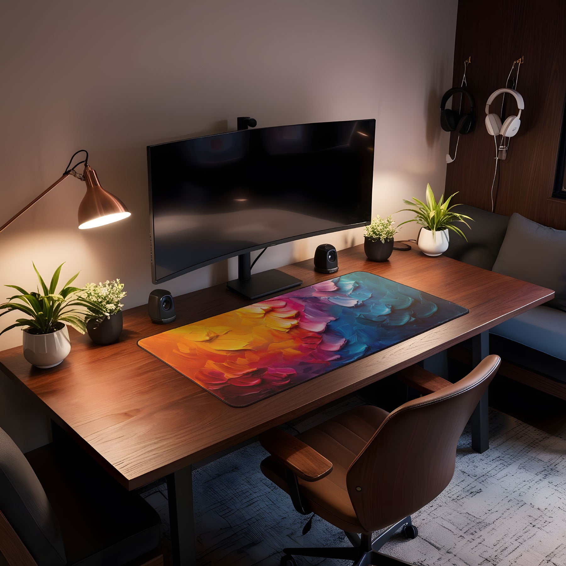 Artistic desk mat with bold abstract brush stroke patterns.