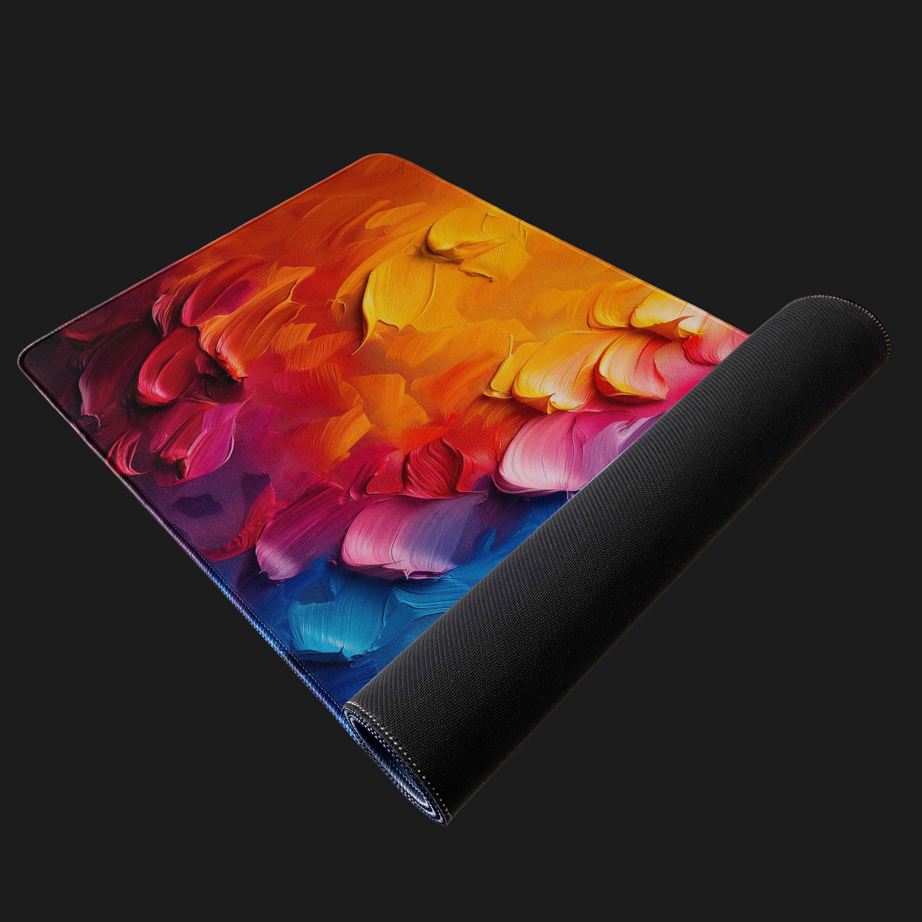 Extra-large desk mat with abstract rainbow color brush strokes