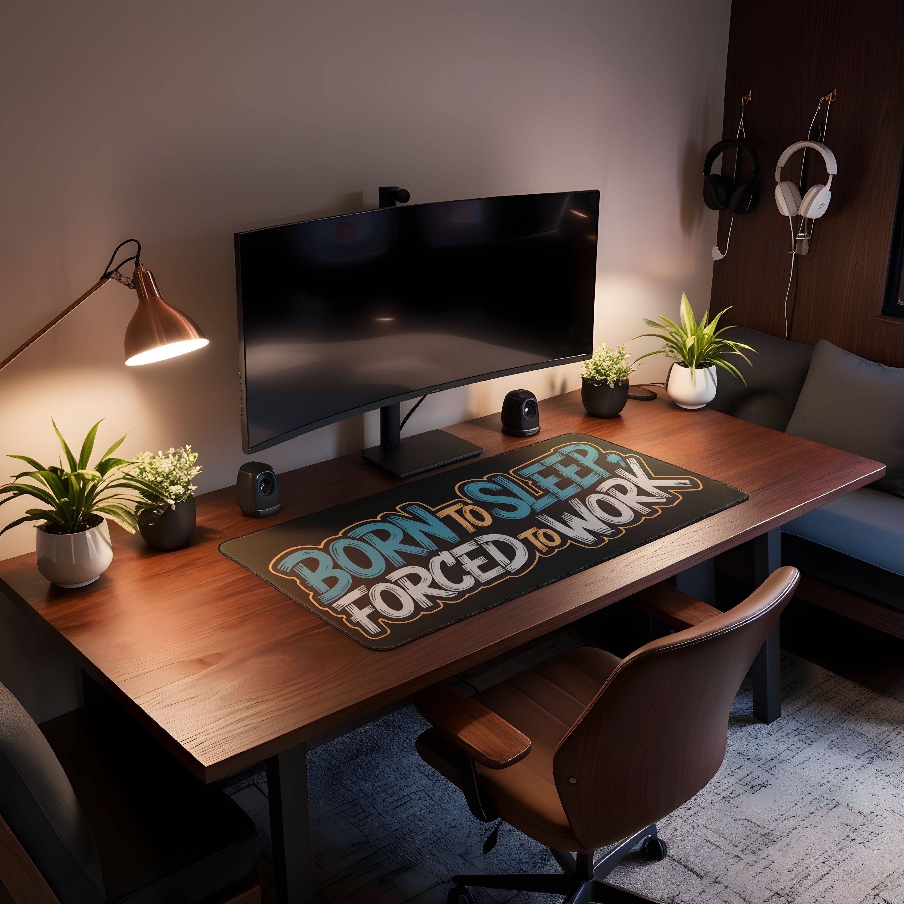 Stylish printed desk mat with “Born to Sleep, Forced to Work” typography