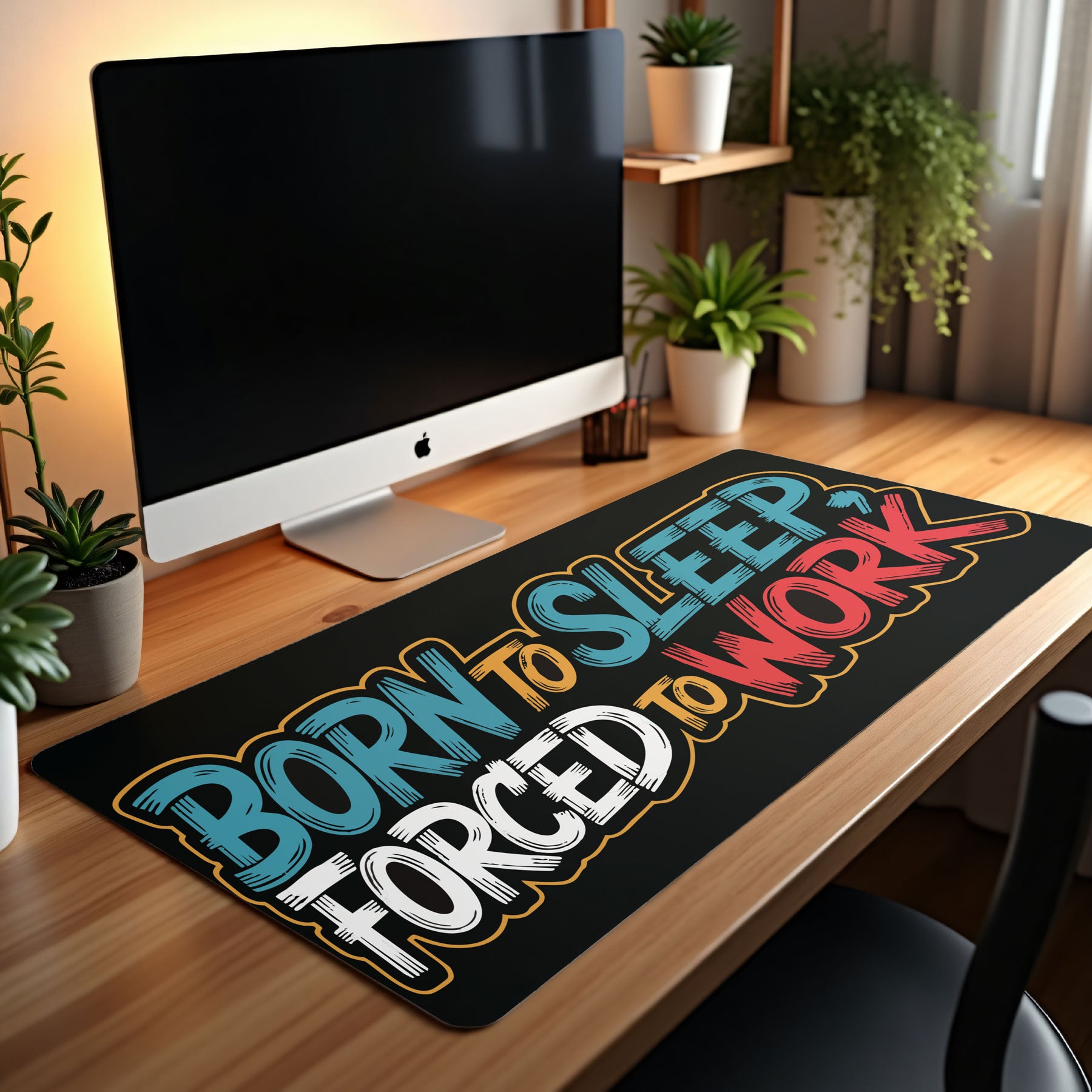 Desk setup with a computer monitor and motivational desk mat on a wooden surface.