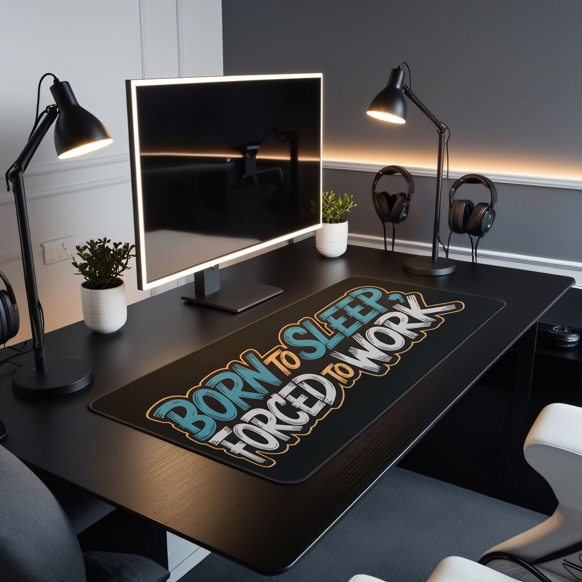 Stylish printed desk mat with “Born to Sleep, Forced to Work” typography