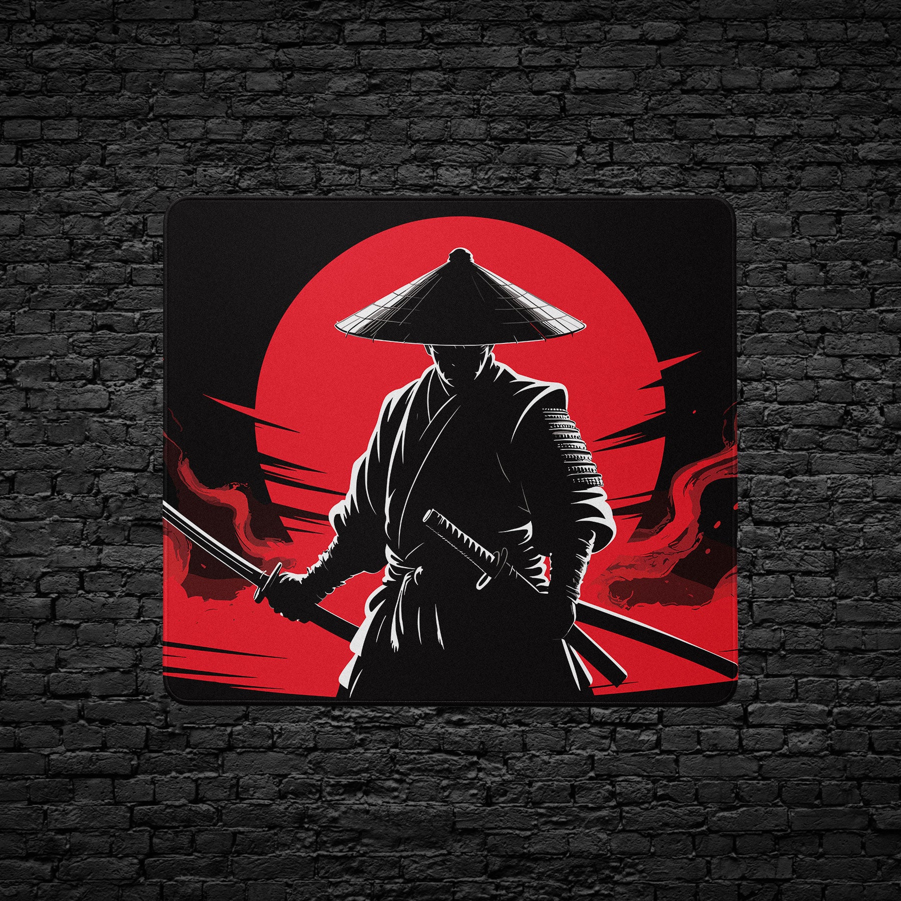 Japanese warrior desk mat with bold red and black background