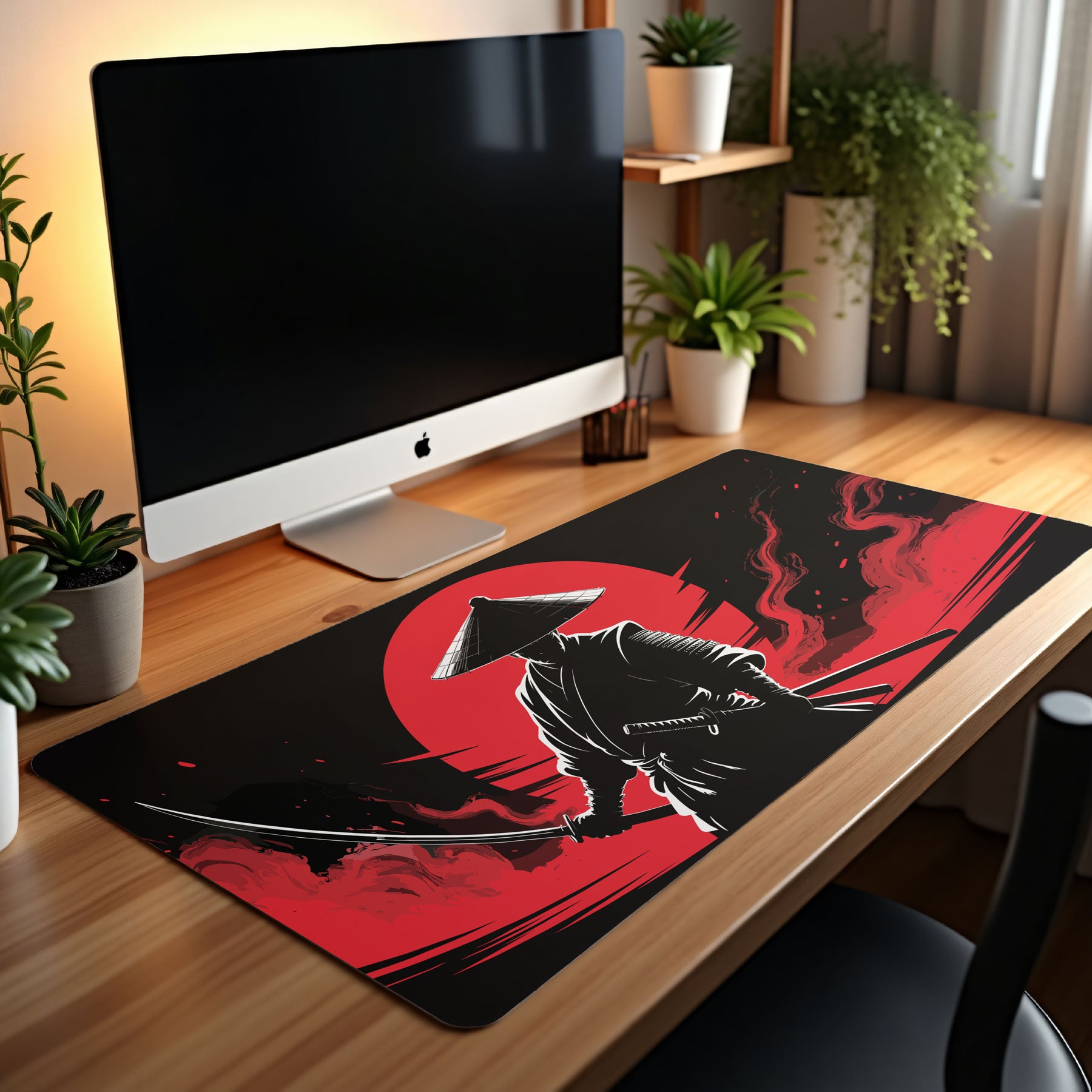 Large anti-slip mouse pad with traditional samurai illustration