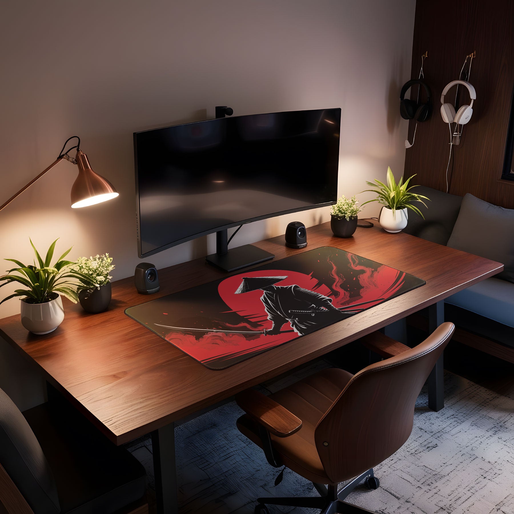 Samurai-inspired office desk mat with warrior and rising sun design